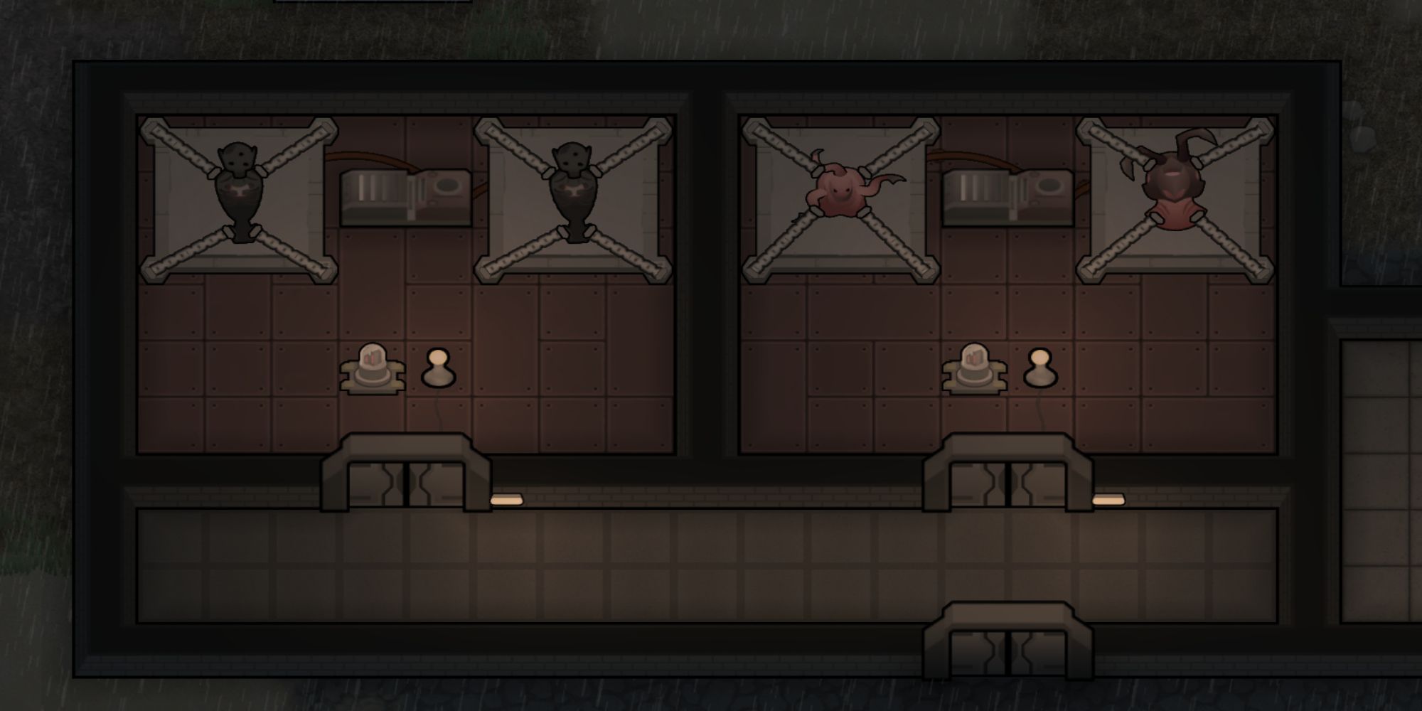 Two holding cells in Rimworld containing revenants, a trispike, and a toughspike