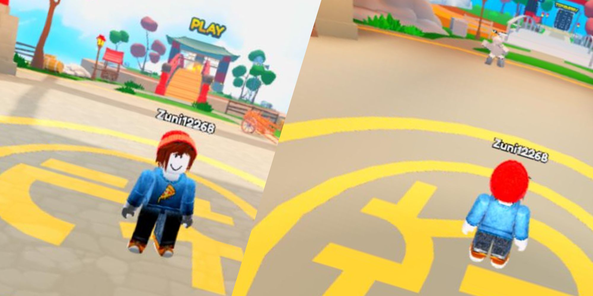 A collage showing character standing in the lobby of Anime Islands in Roblox