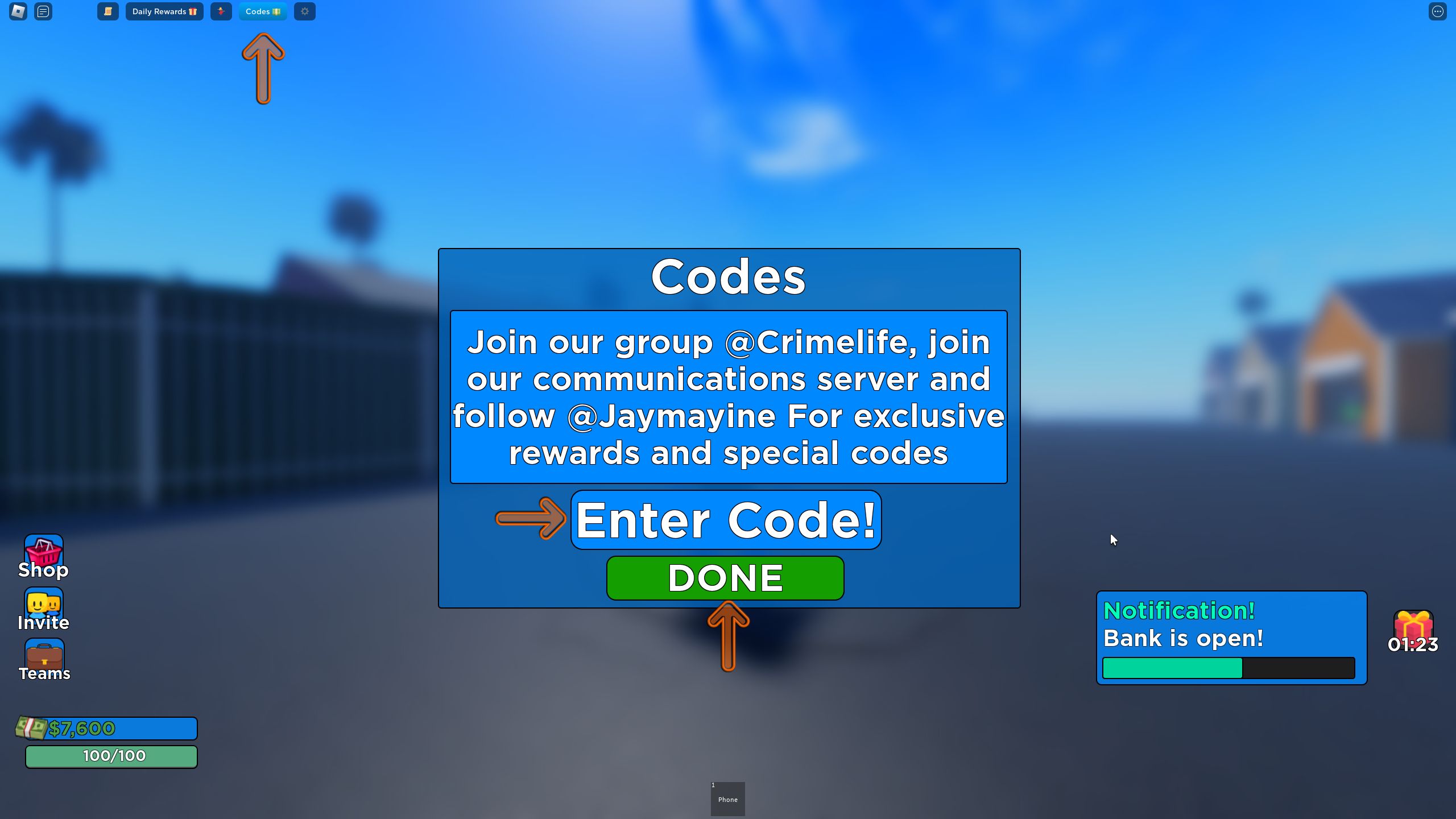 منوی بازخرید کد در Cali Shootout در Roblox.