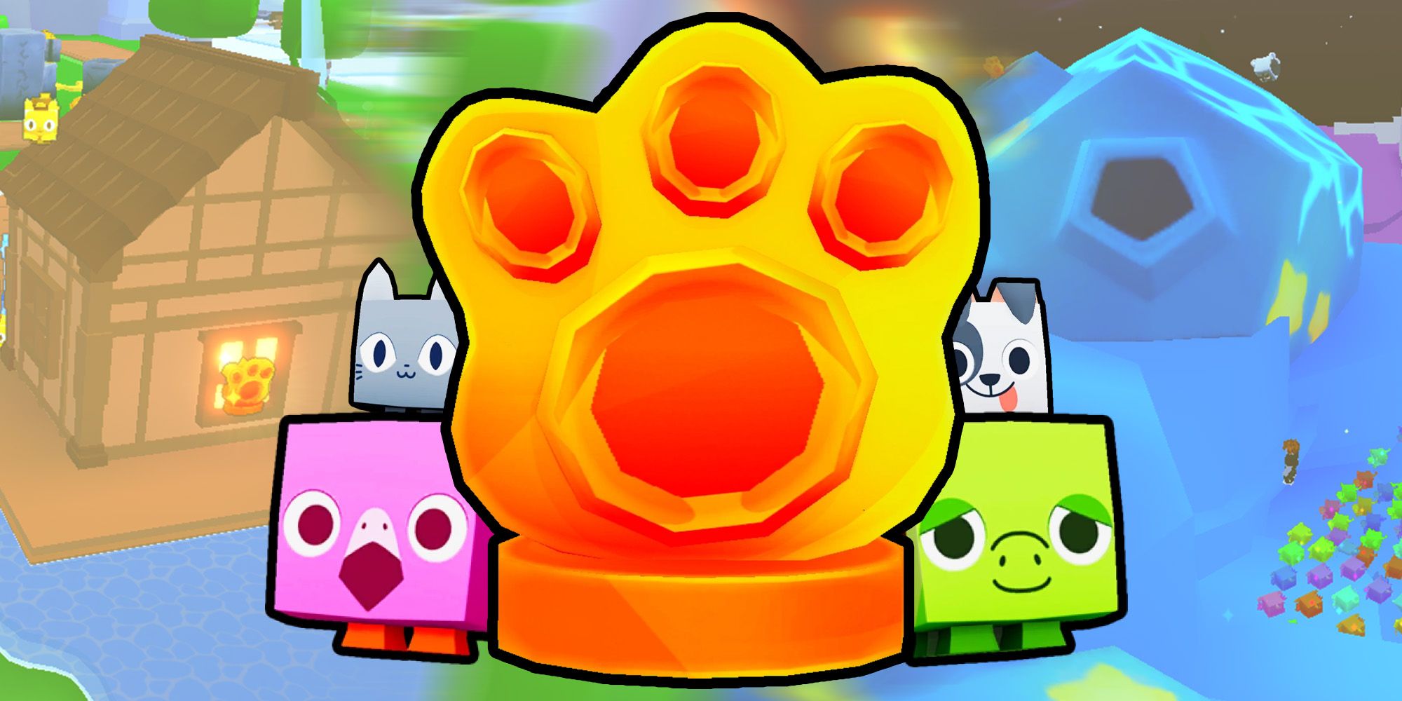 A turtle, a cat, a dog and a flamingo around a huge shiny relic icon in Roblox Pet Simulator.