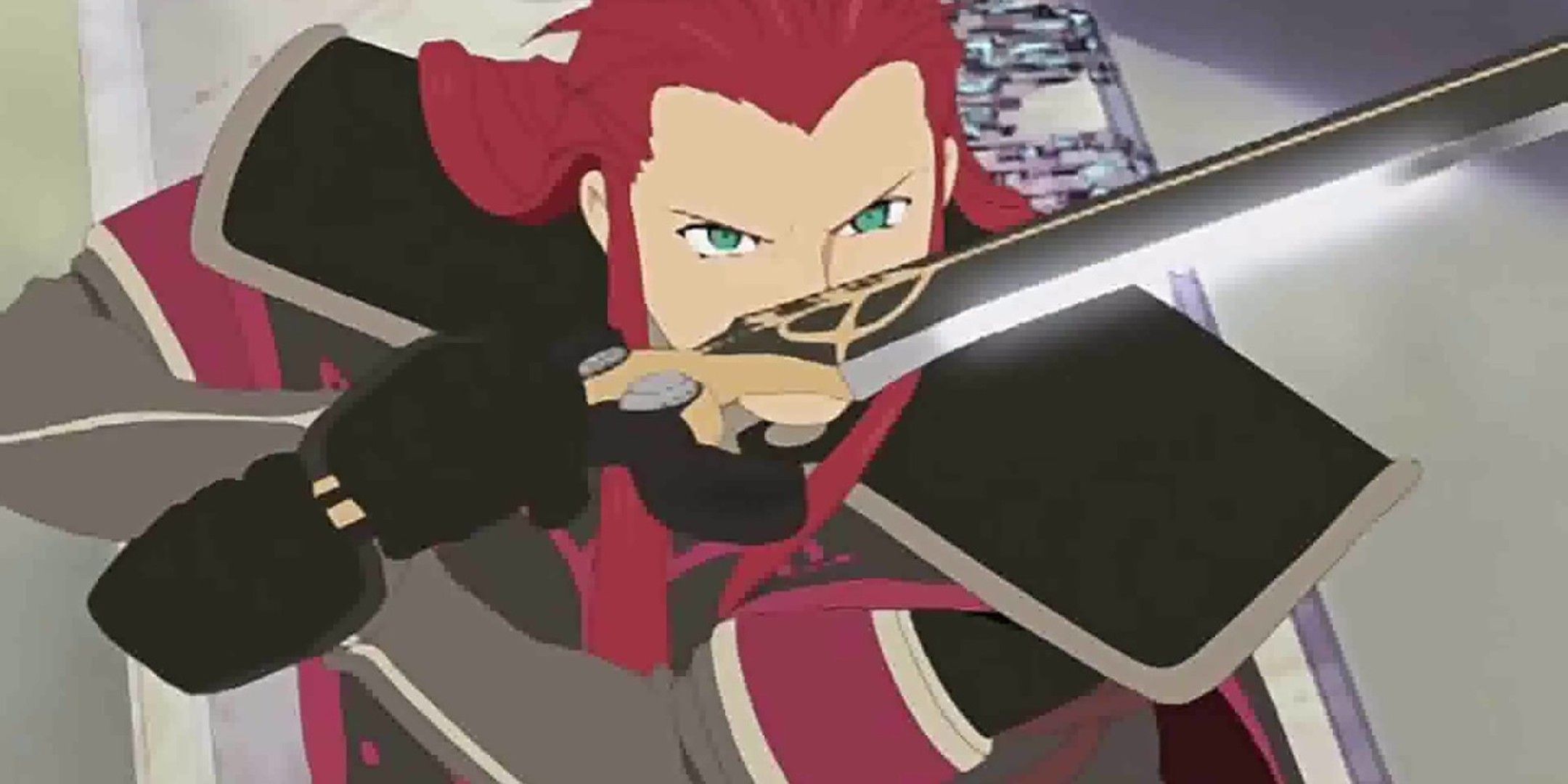 Luke fon Fabre holding a sword in front of his face.