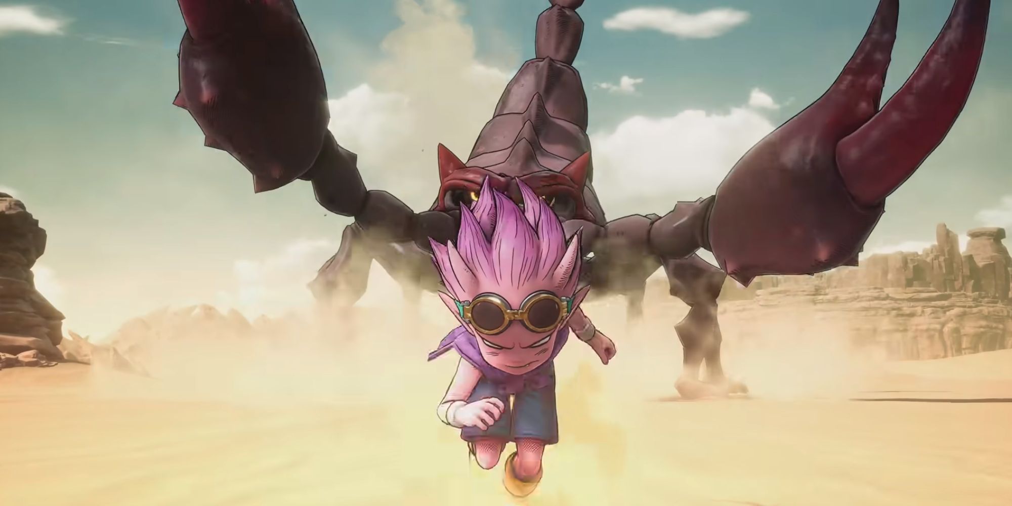 A screenshot from a recent Sand Land trailer, showing a character running away from a scorpion 
