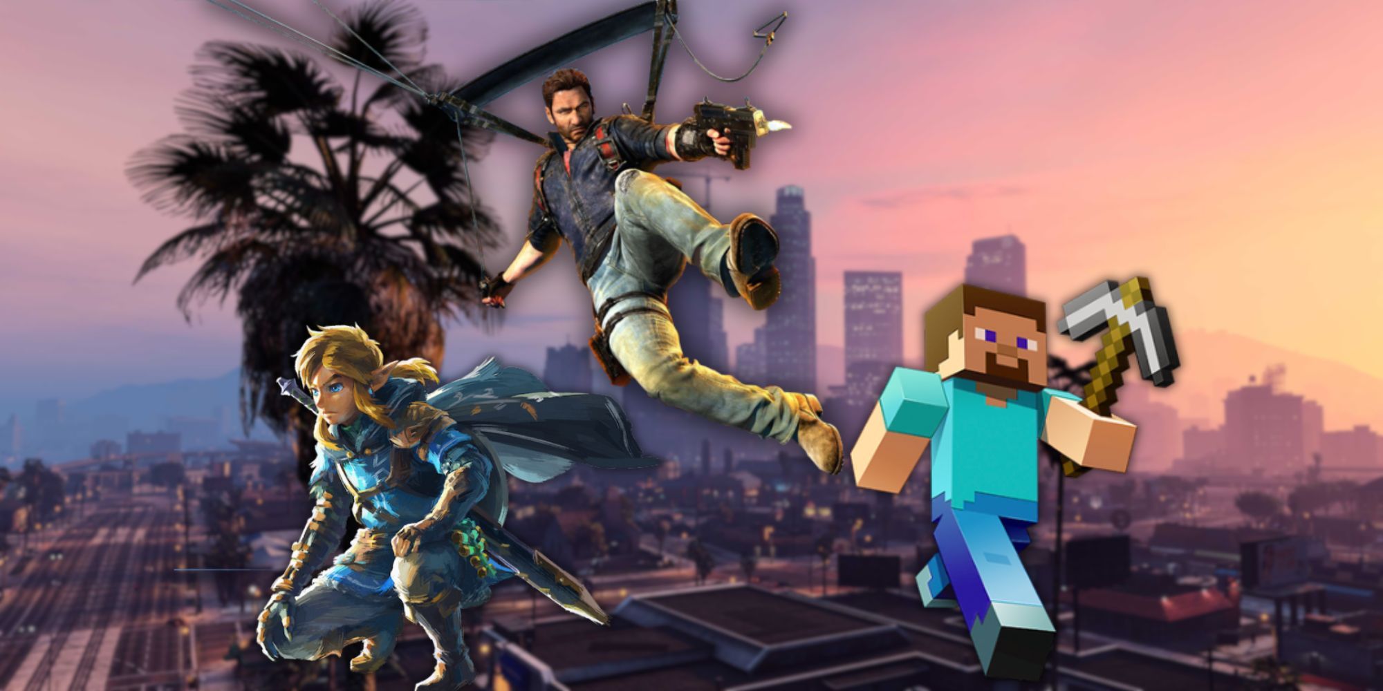 Sandbox Games Featured Image Los Santos Background with Just Cause 3 character, Link, and Minecraft Steve in the foreground
