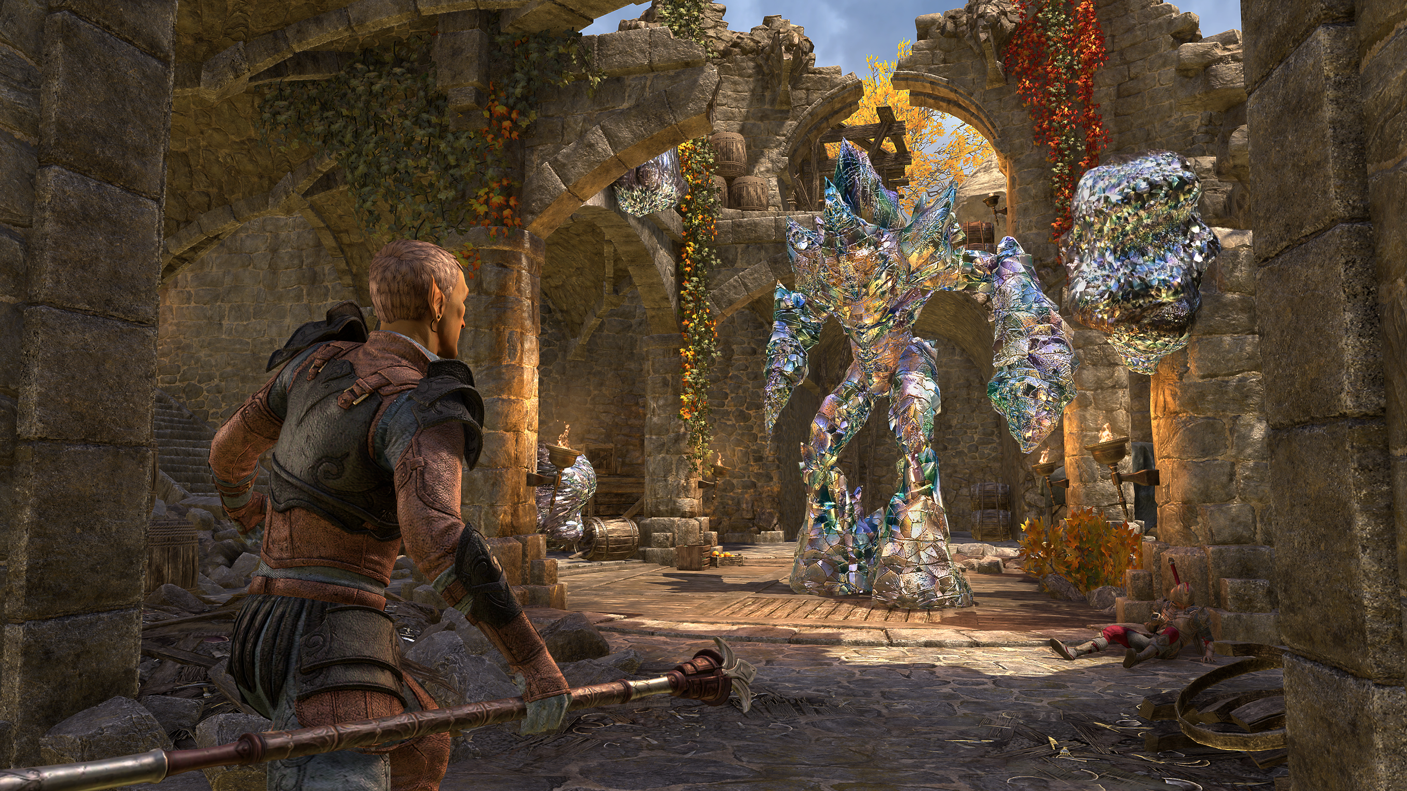 The Elder Scrolls Online Gold Road screenshot of a bosmer approaching a crystal golem