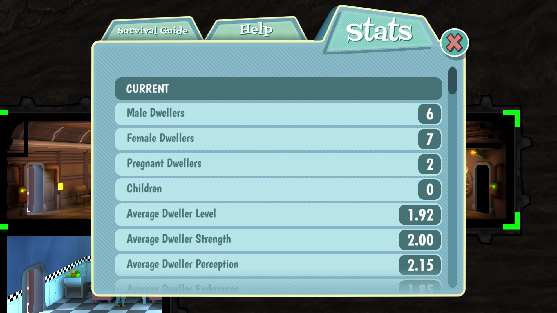 Fallout Shelter: An image of the Overseer's Stats screen.