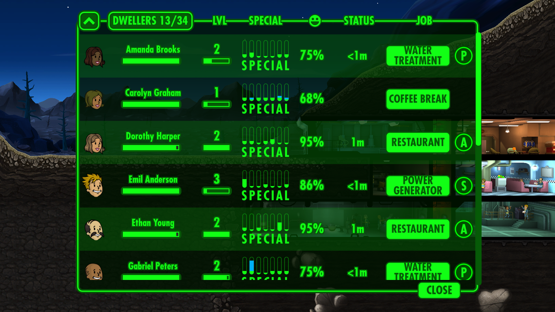 Fallout Shelter: An image of the Overseer's clipboard screen, showing all Vault Dwellers and their stats.