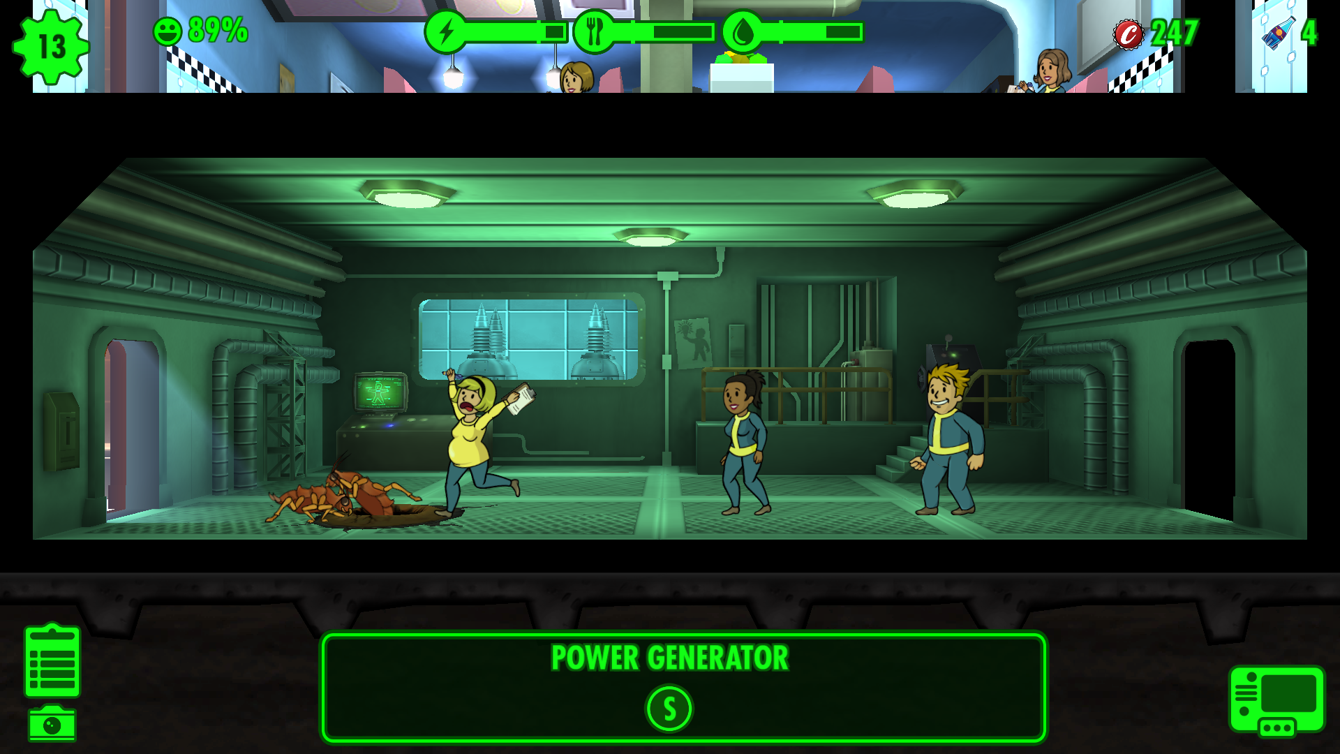 Fallout Shelter: A pregnant Vault Dweller runs, screaming, away from a Radroach infestation.