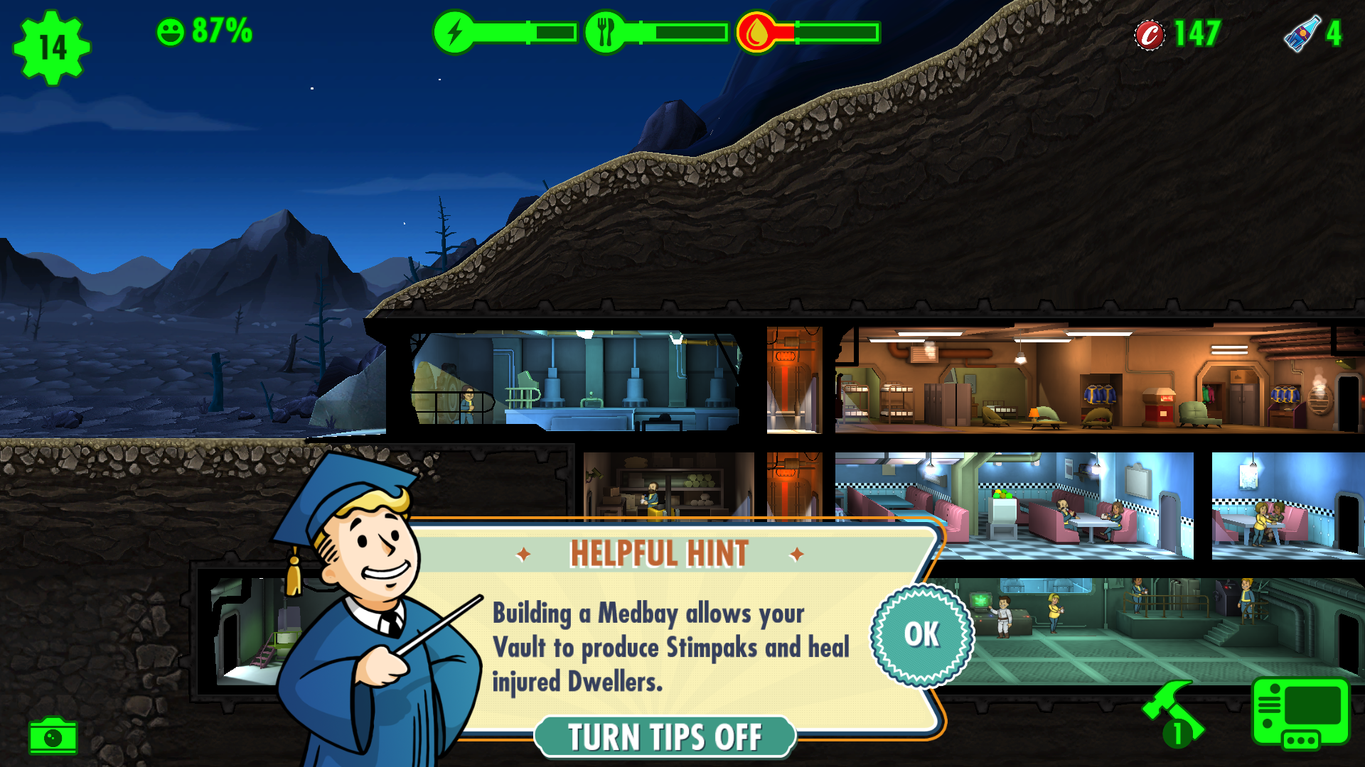 Fallout Shelter: Vaultboy gives the player a lesson on how to make Stimpacks.