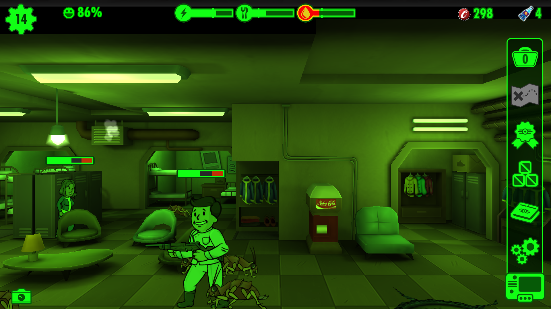 Fallout Shelter: A Vault Dweller in battle with a Rad Roach.