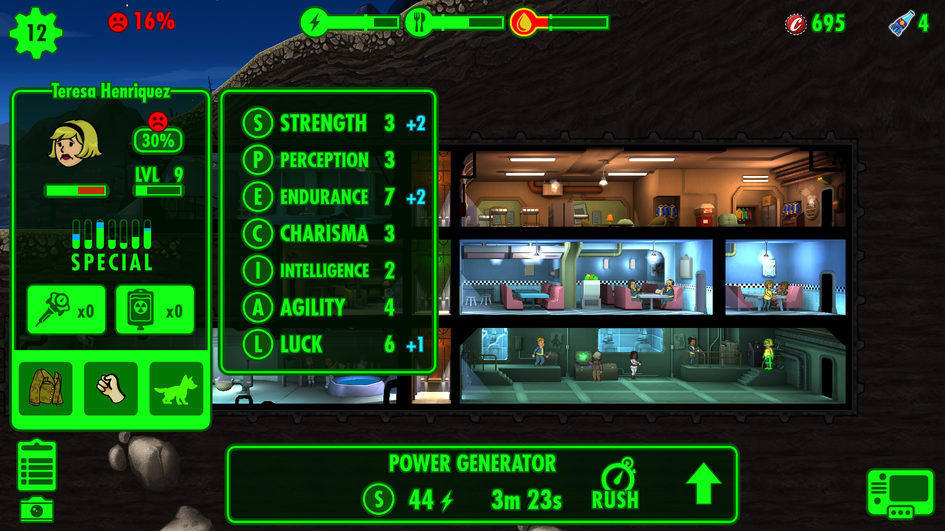 Fallout Shelter: An image of the Dweller stats screen, showing exact S.P.E.C.I.A.L. values.