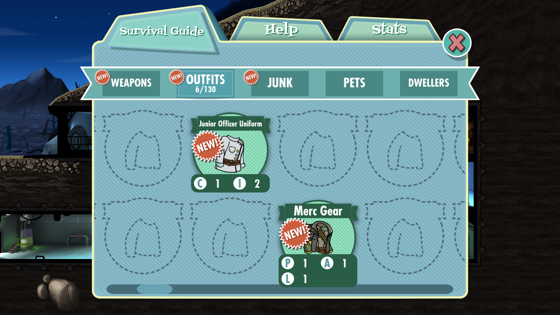 Fallout Shelter: An image of the Junior Officer Uniform and Merc Gear in the Outfit menu.