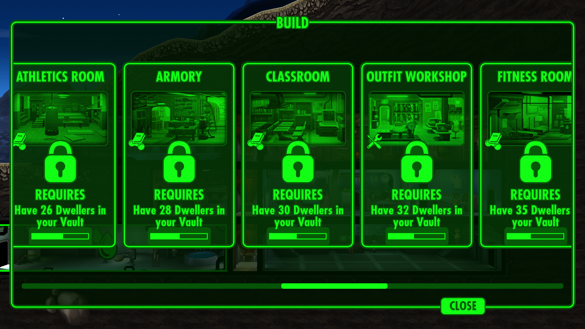 Fallout Shelter: An image of locked Training Rooms in the Build screen.