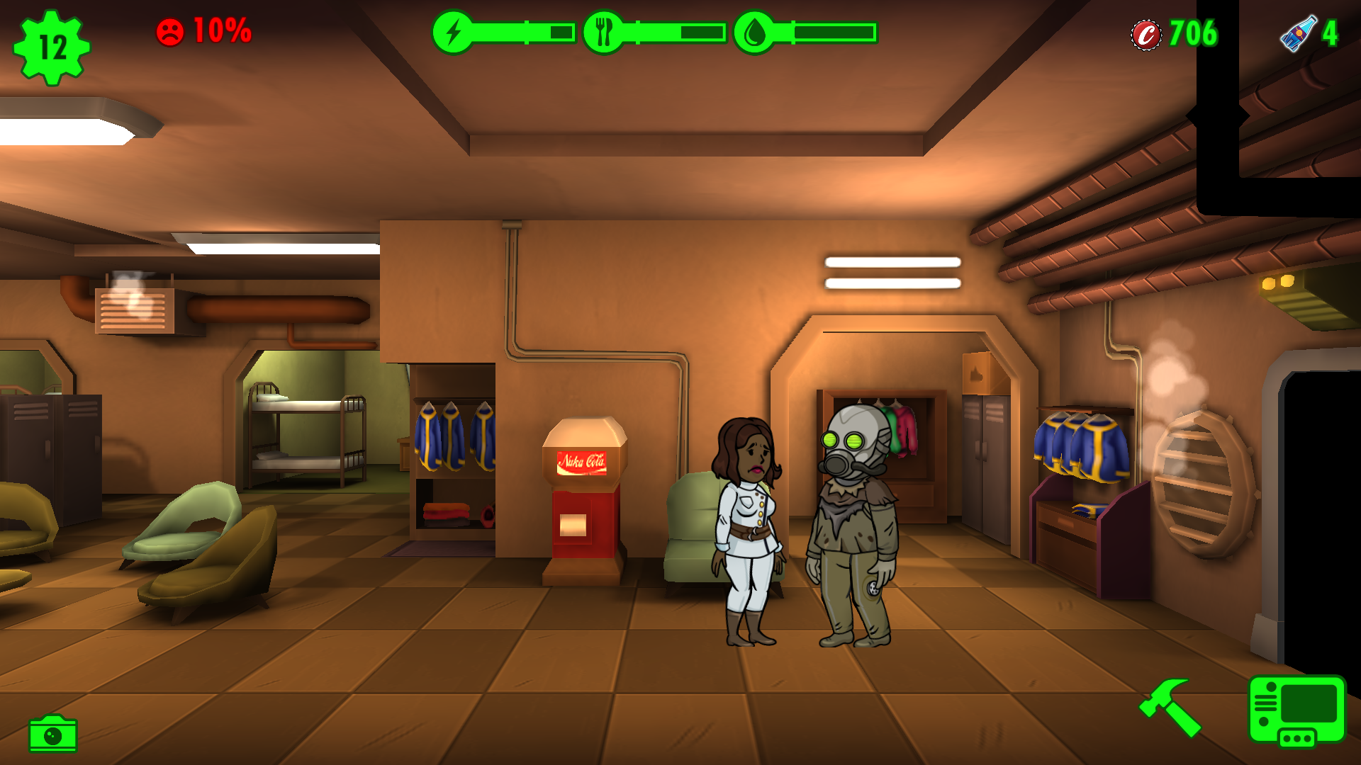 Fallout Shelter: Two unhappy Dwellers stand in the Living Quarters, just looking for love.