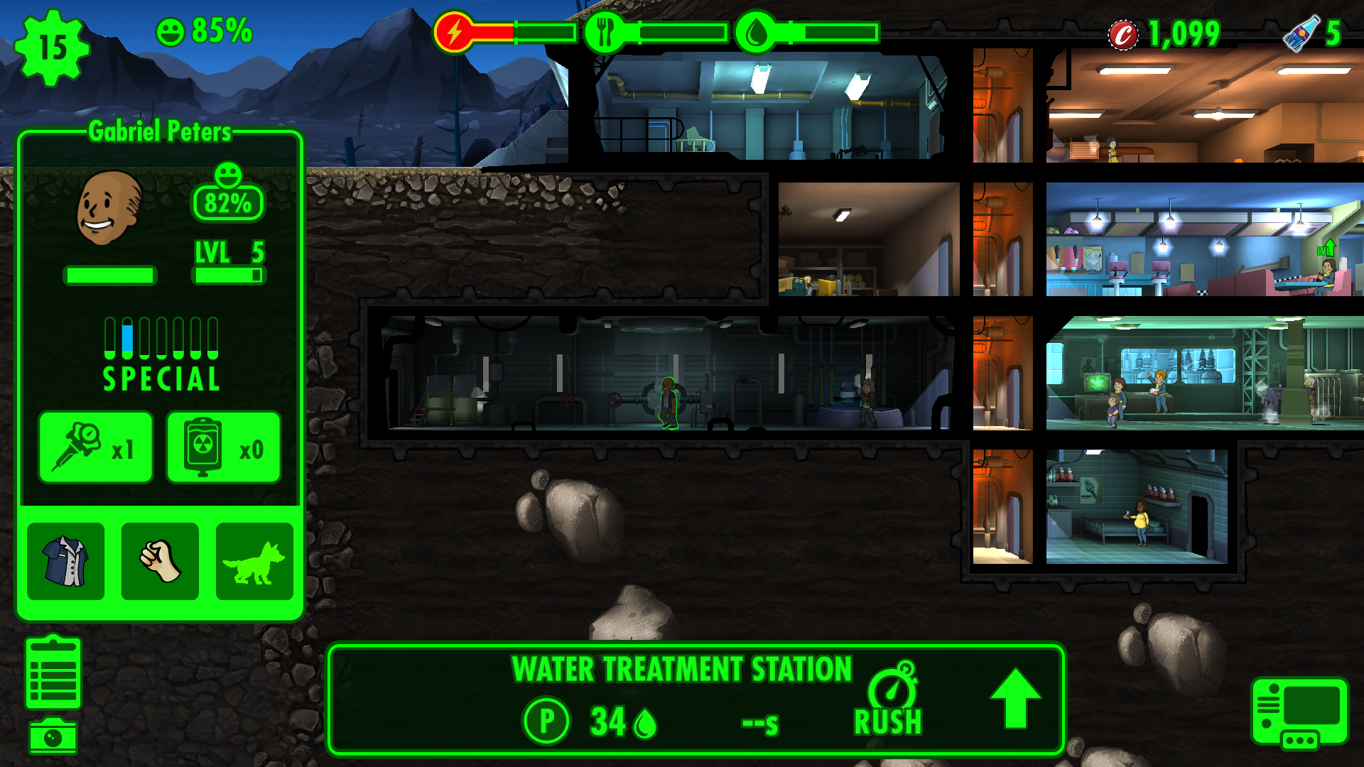 Fallout Shelter: An image of the Dweller screen, showing where to use RadAway.