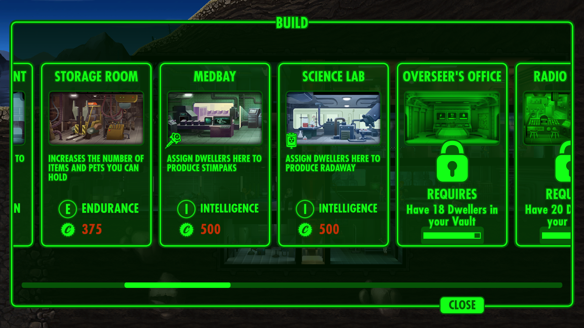 Fallout Shelter: An image of the build menu, centered on the Medbay and Science Lab.