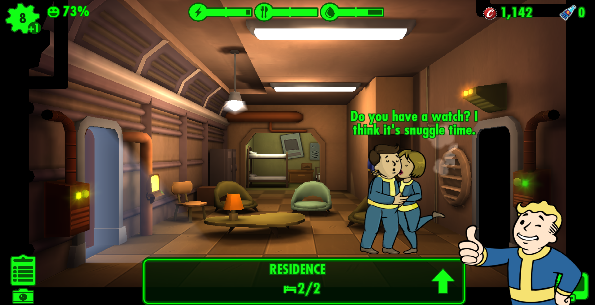 Fallout Shelter: Two Vault Dwellers kiss in the Living Quarters.