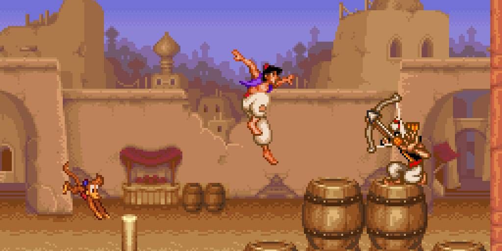 Screenshot of Aladdin jumping toward a guard archer in Aladdin for the SNES