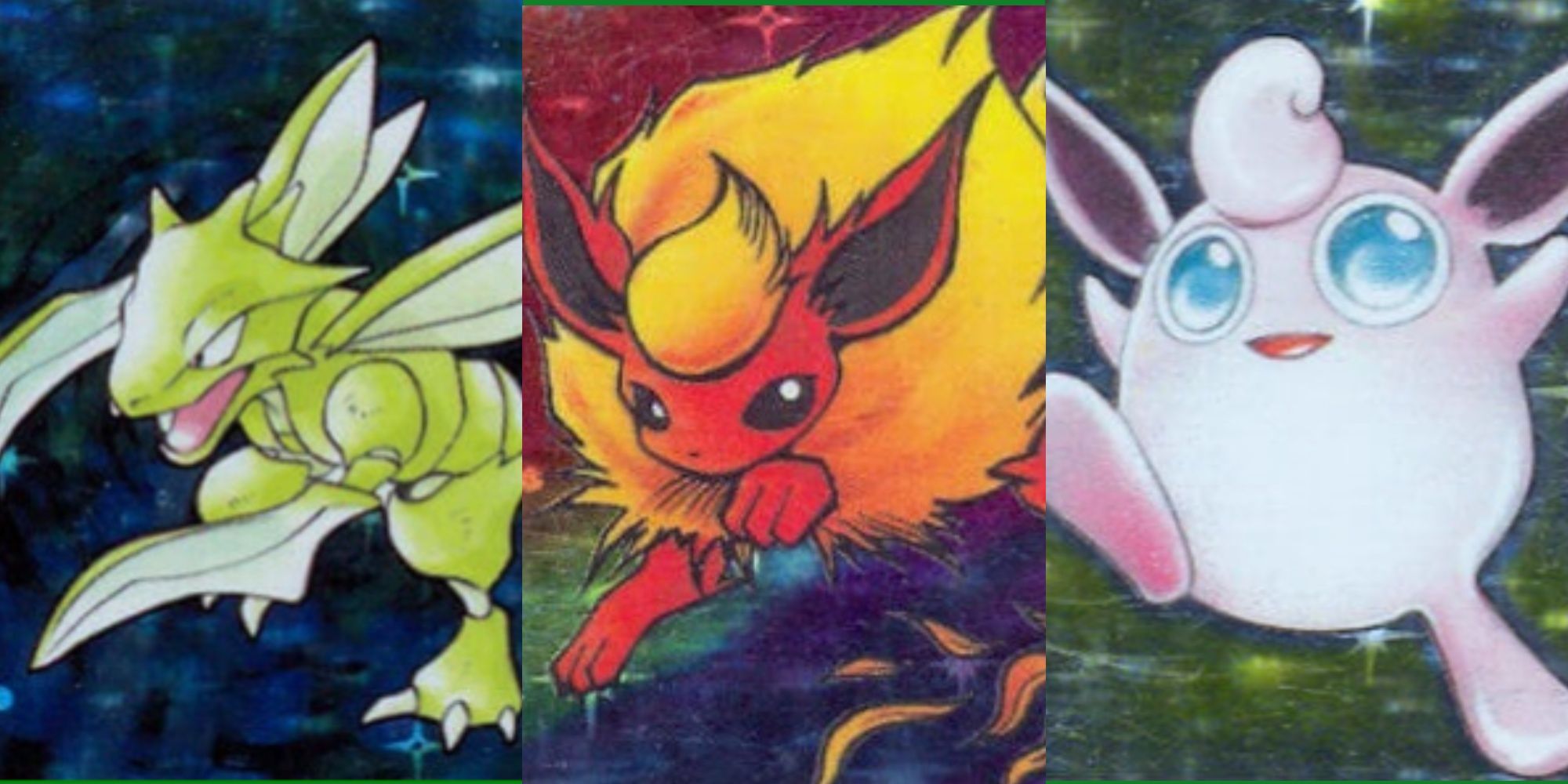 Scyther, Flareon and Wigglytuff card art from Pokemon TCG Jungle