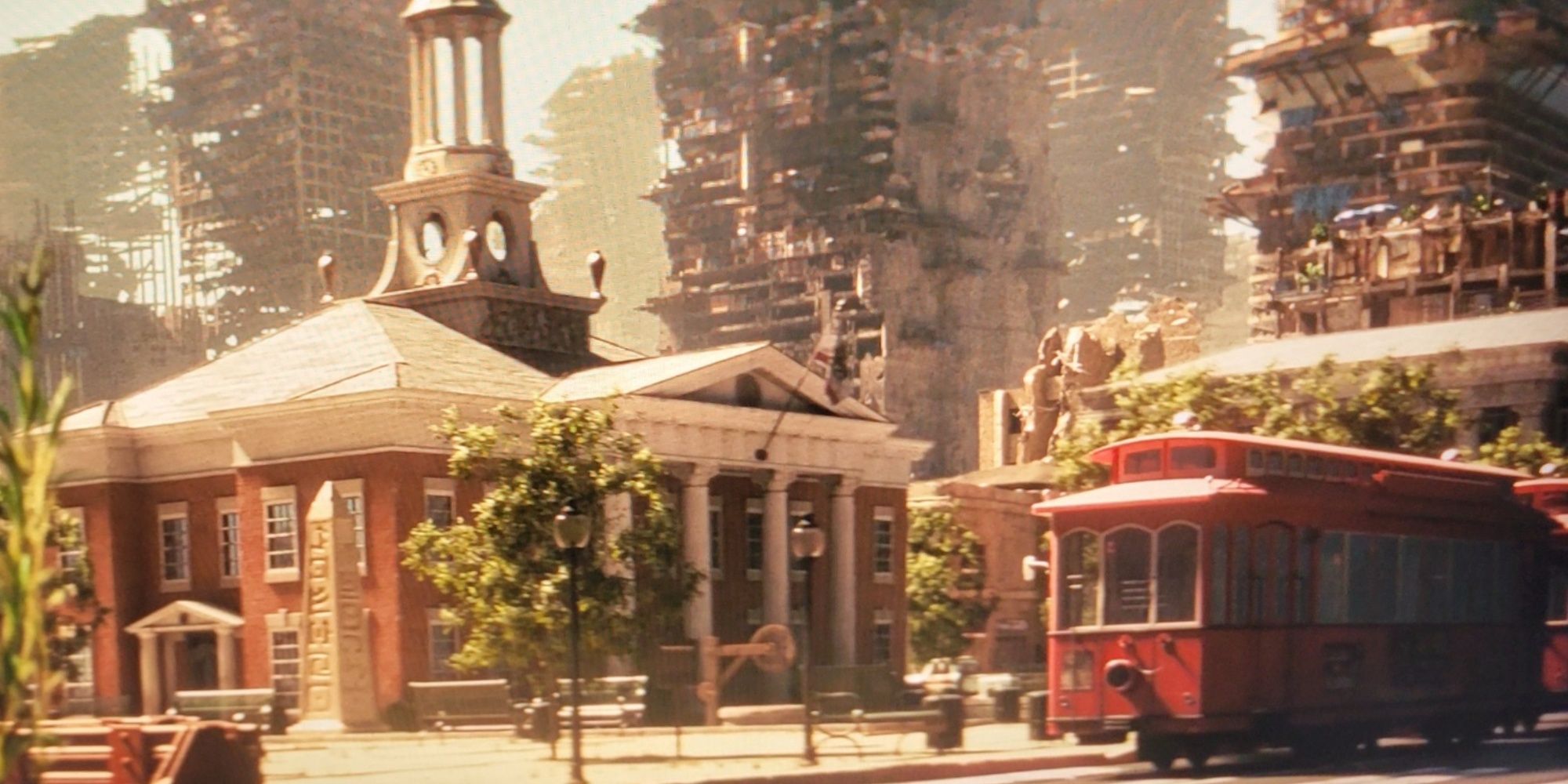 Shady Sands In The Fallout TV Show Before It Was Bombed - Buildings And A Trolley