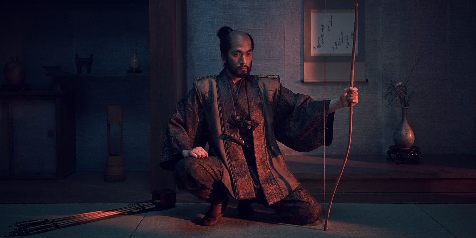 Toda Hirokatsu (also known as Buntaro) kneeling with his bow In The Shogun Series.