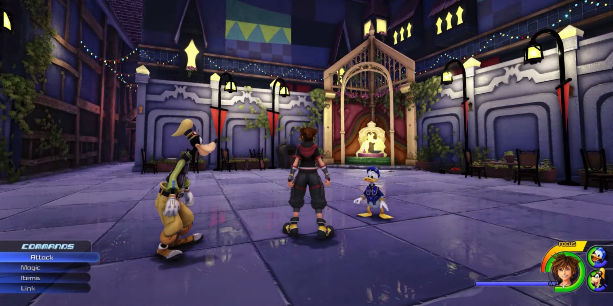 Sora, Donald, and Goofy standing in a small plaza surrounded by chairs, tables, and a small glowing statue(1)