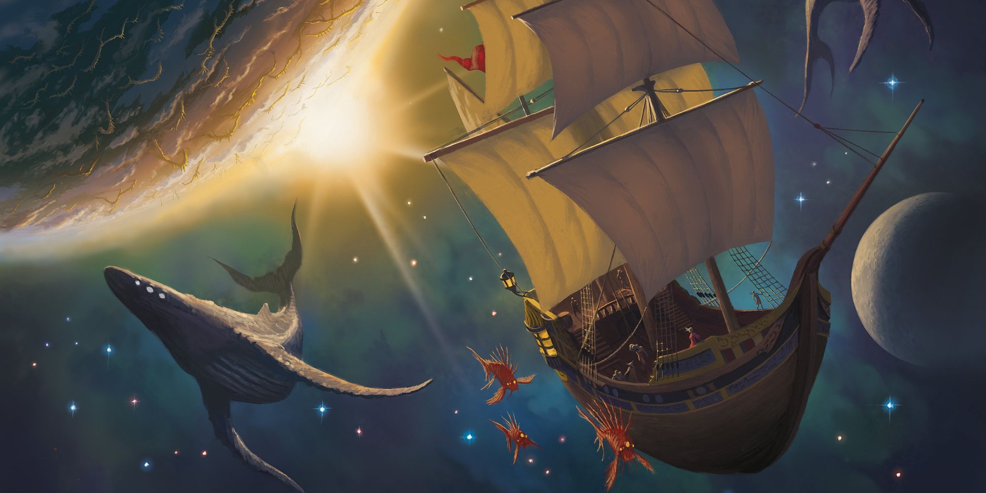 Boat in space with fish and whale, sun cresting planet behind