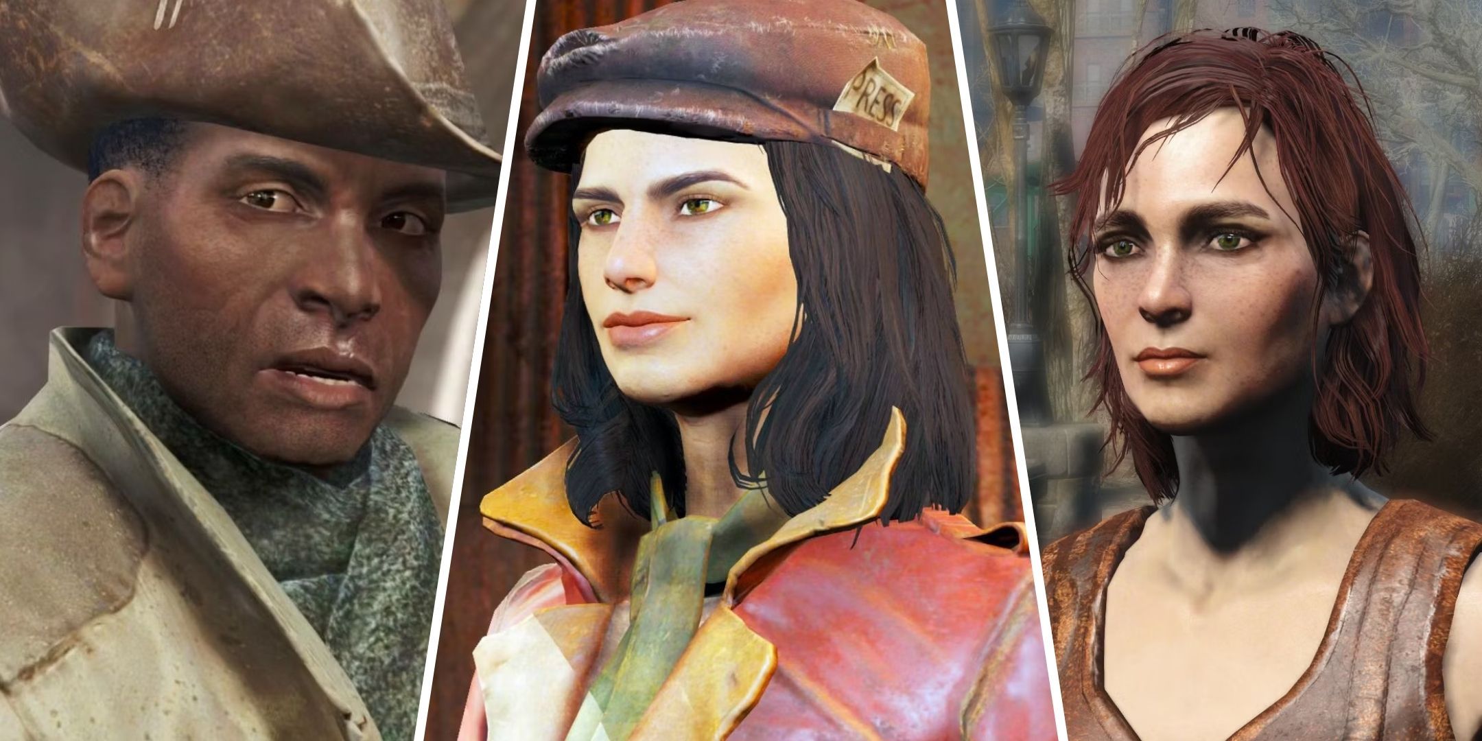 Split image of Preston Garvey Piper Wright and Cait from Fallout 4