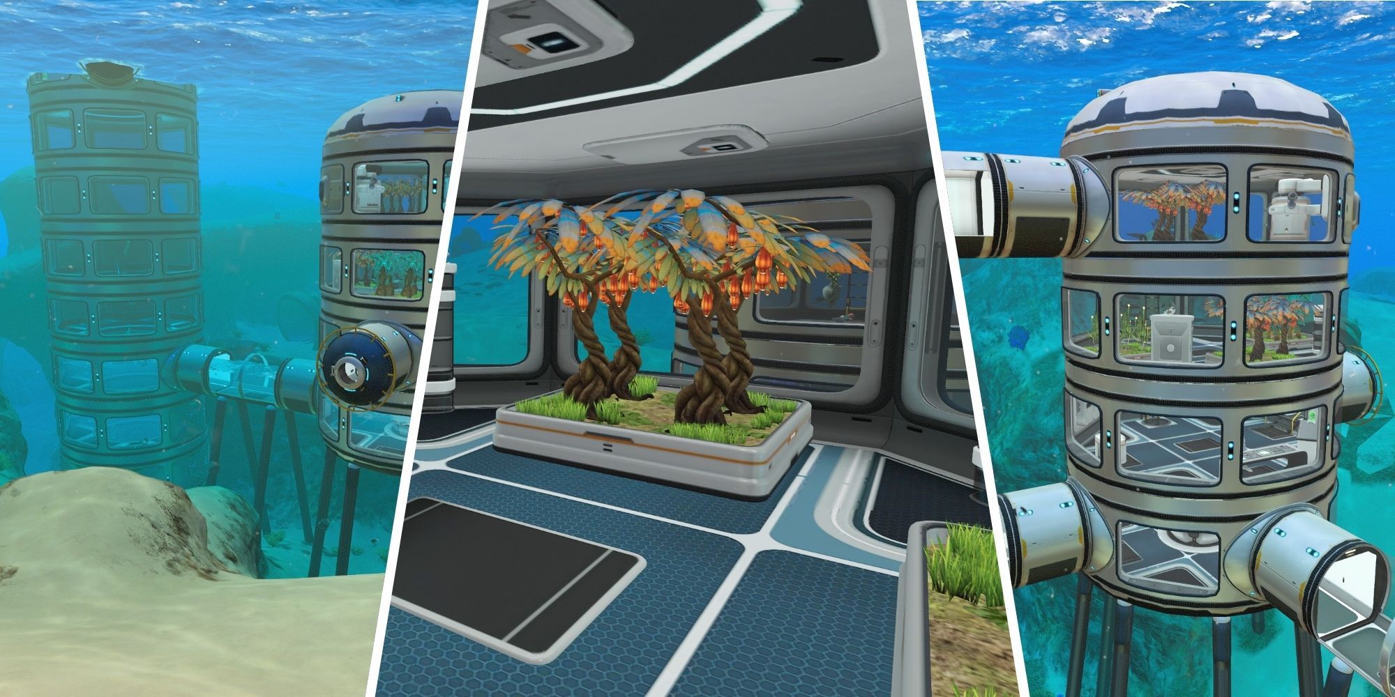 Split image of the interior and exterior of a base in Subnautica