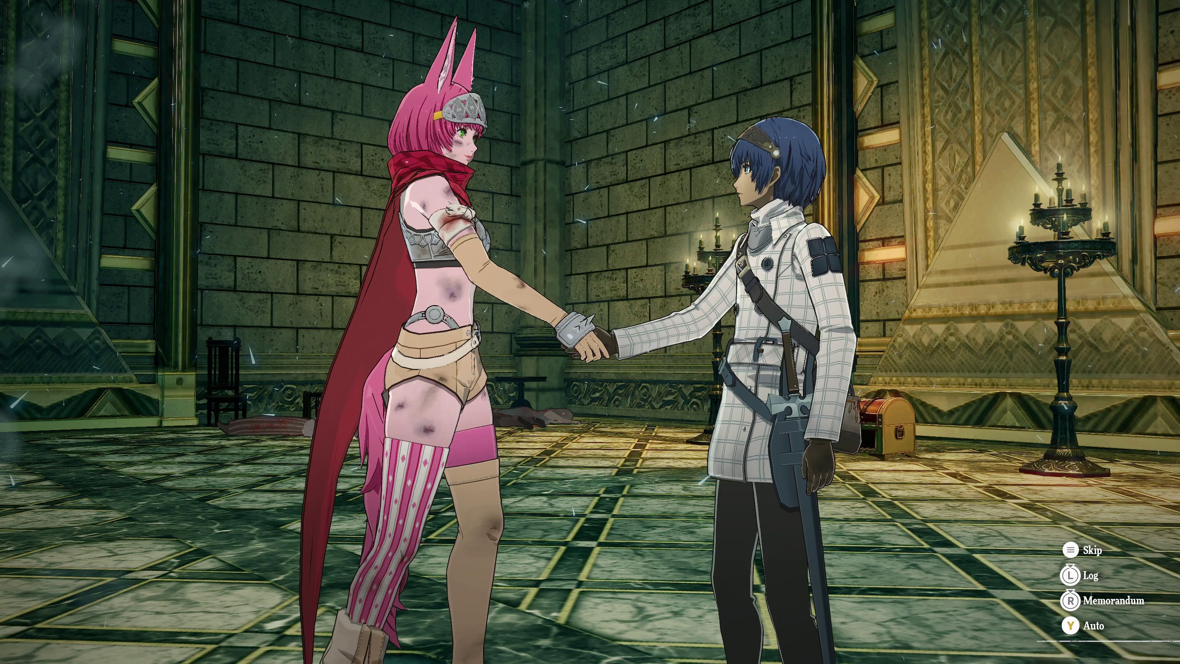 Metaphor Refantazio - shaking hands with a pink haired rabbit