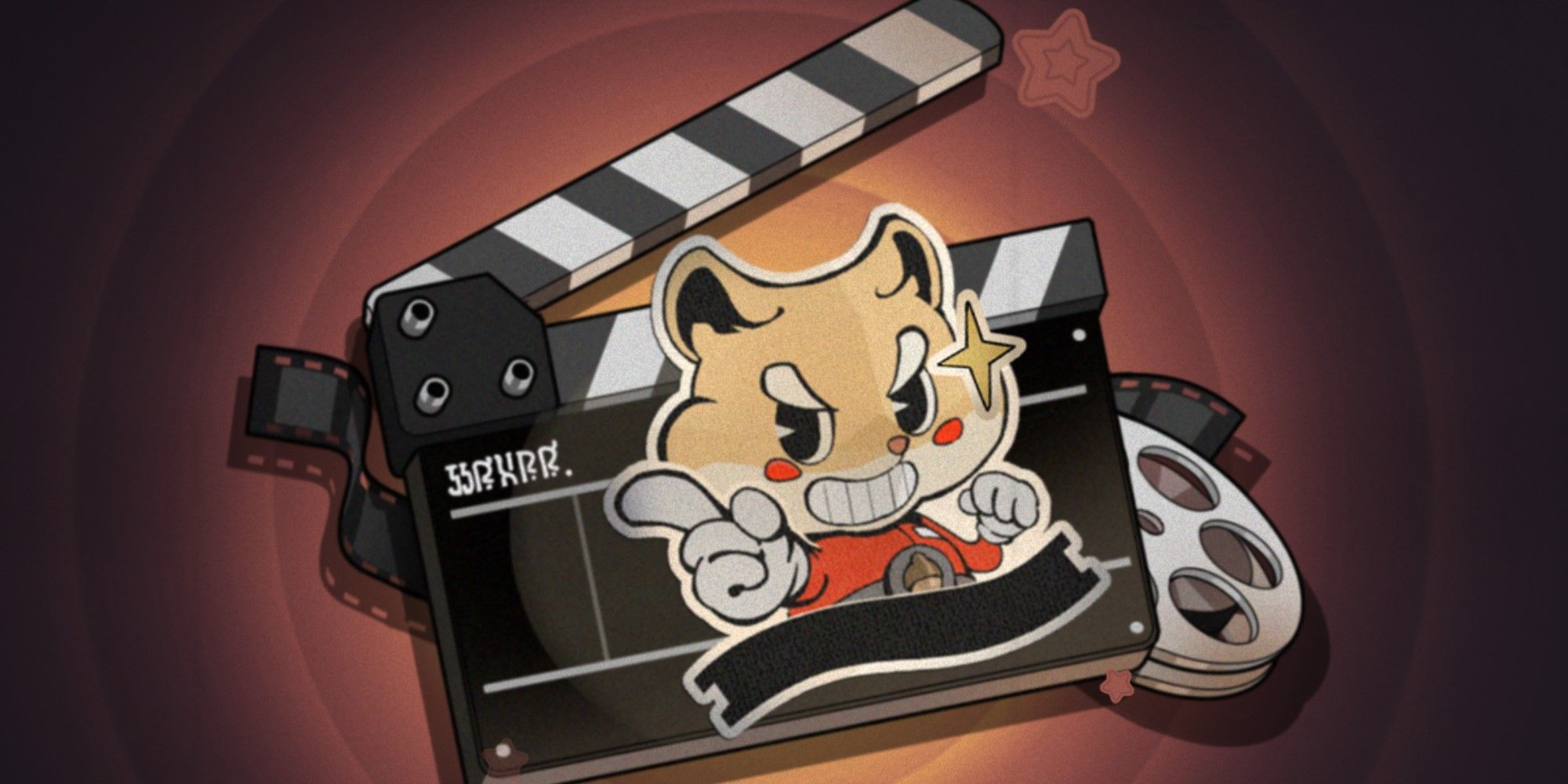 A hamster grins before a director's slate and a reel of film in Honkai Star Rail.