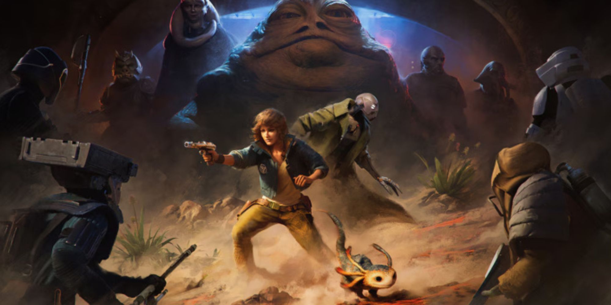 Characters from Star Wars Outlaws. Kay, Nix and ND-5 are in the middle, surronded by enemies. Jabba the Hutt is behind them