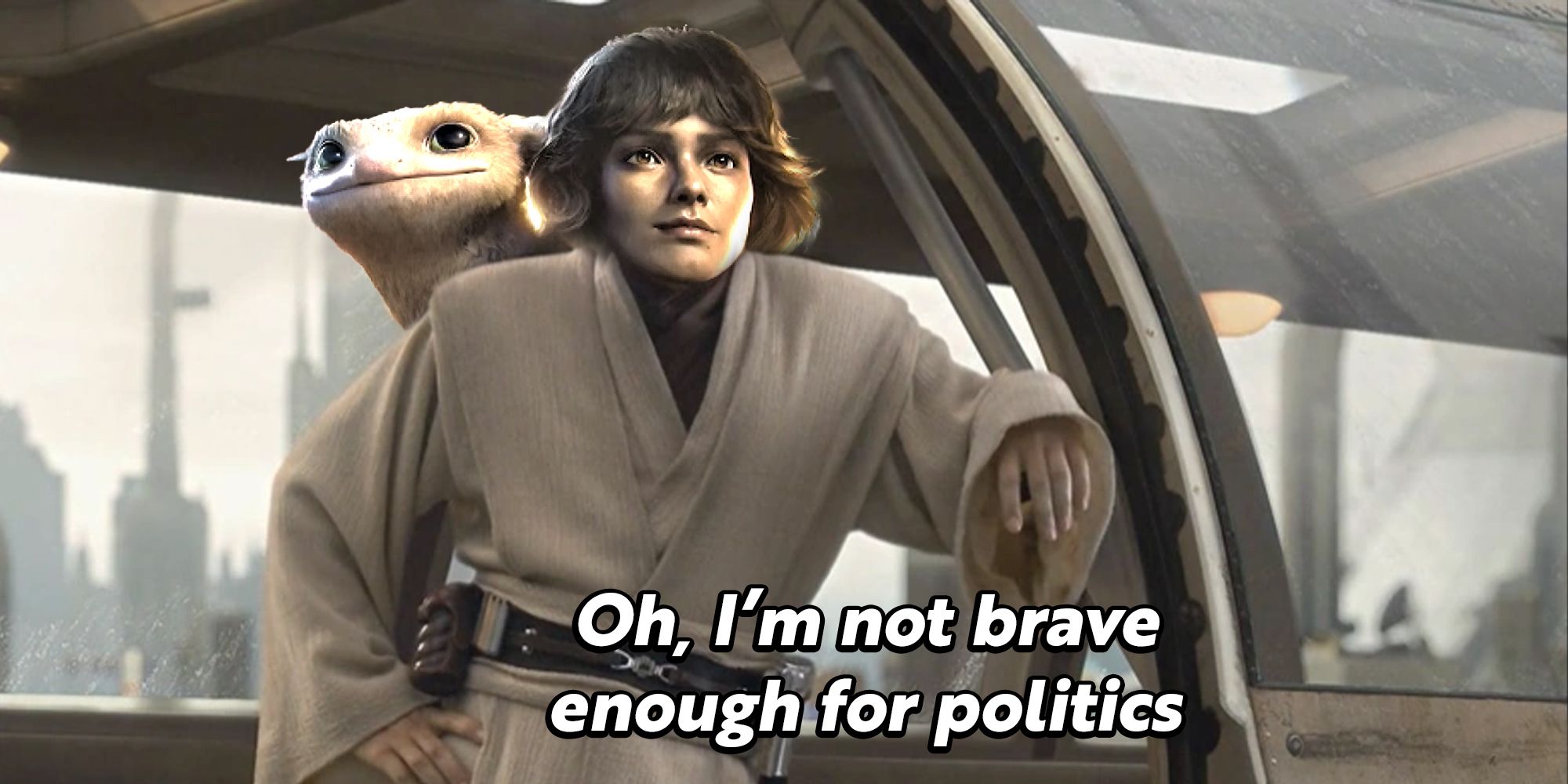 Star Wars Outlaws' Vess saying 'oh I'm not brave enough for politics'