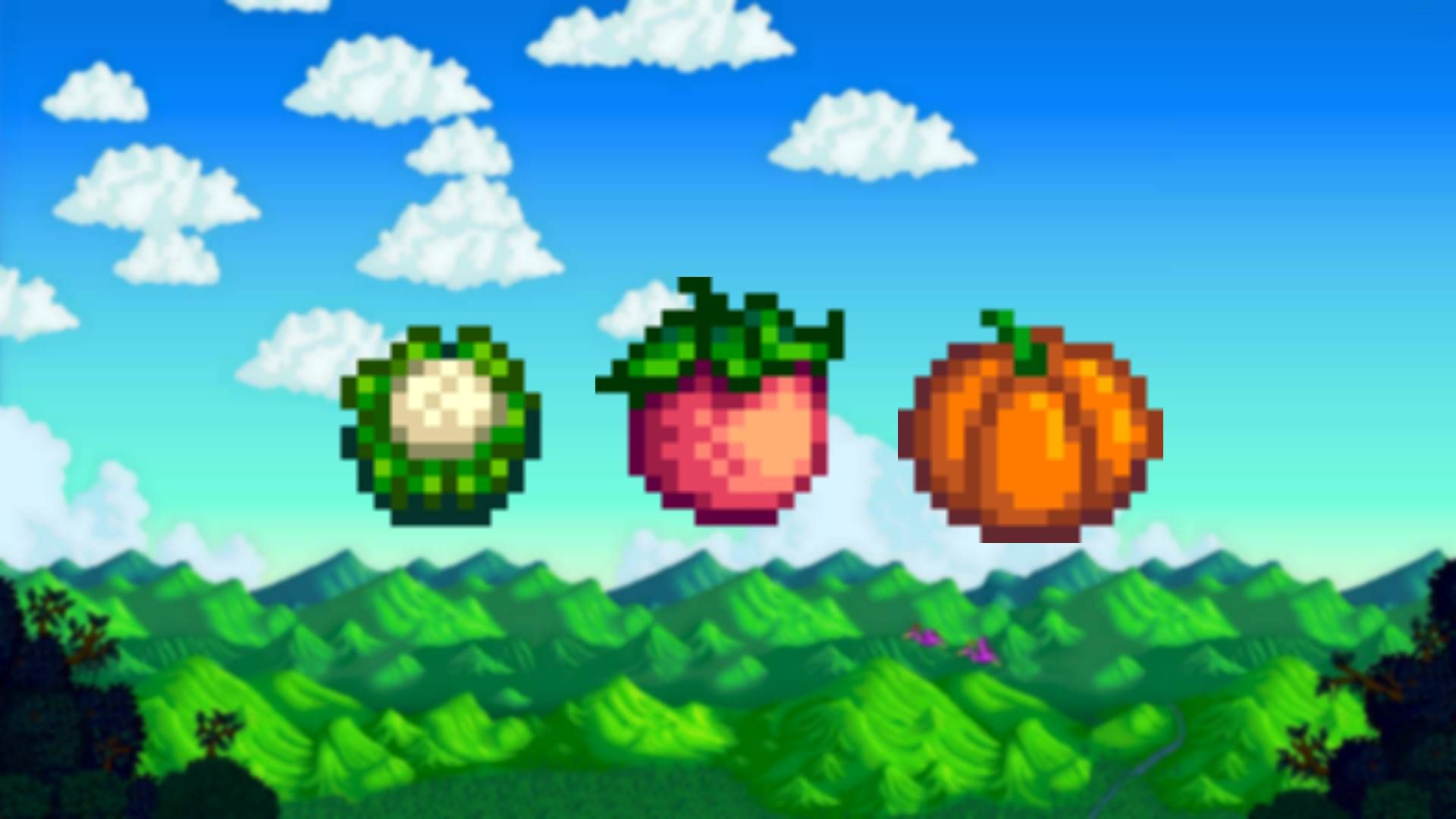 stardew valley best crops background with cauliflower, melon, and pumpkin