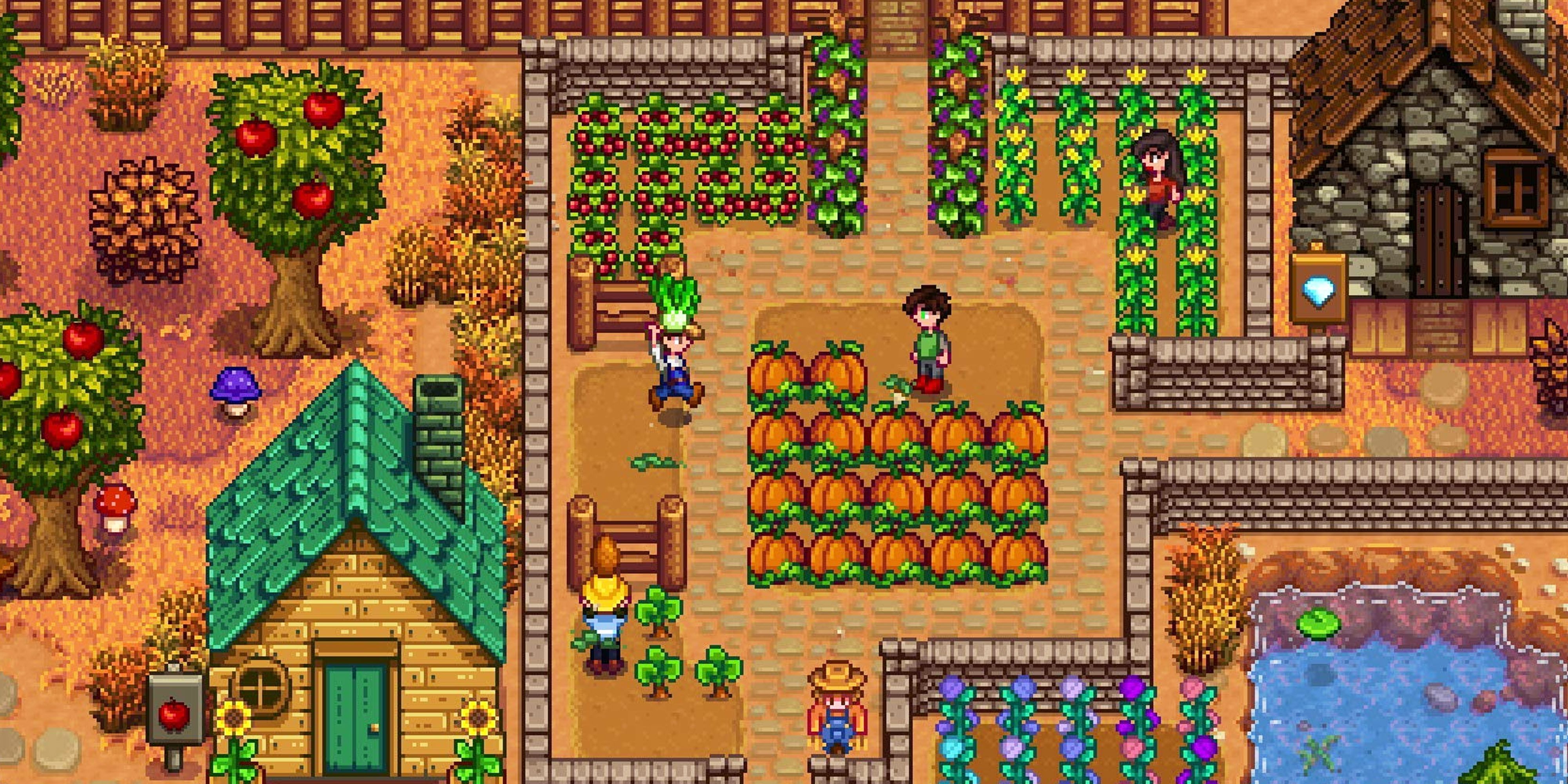 Stardew Valley characters in a pumpkin farm