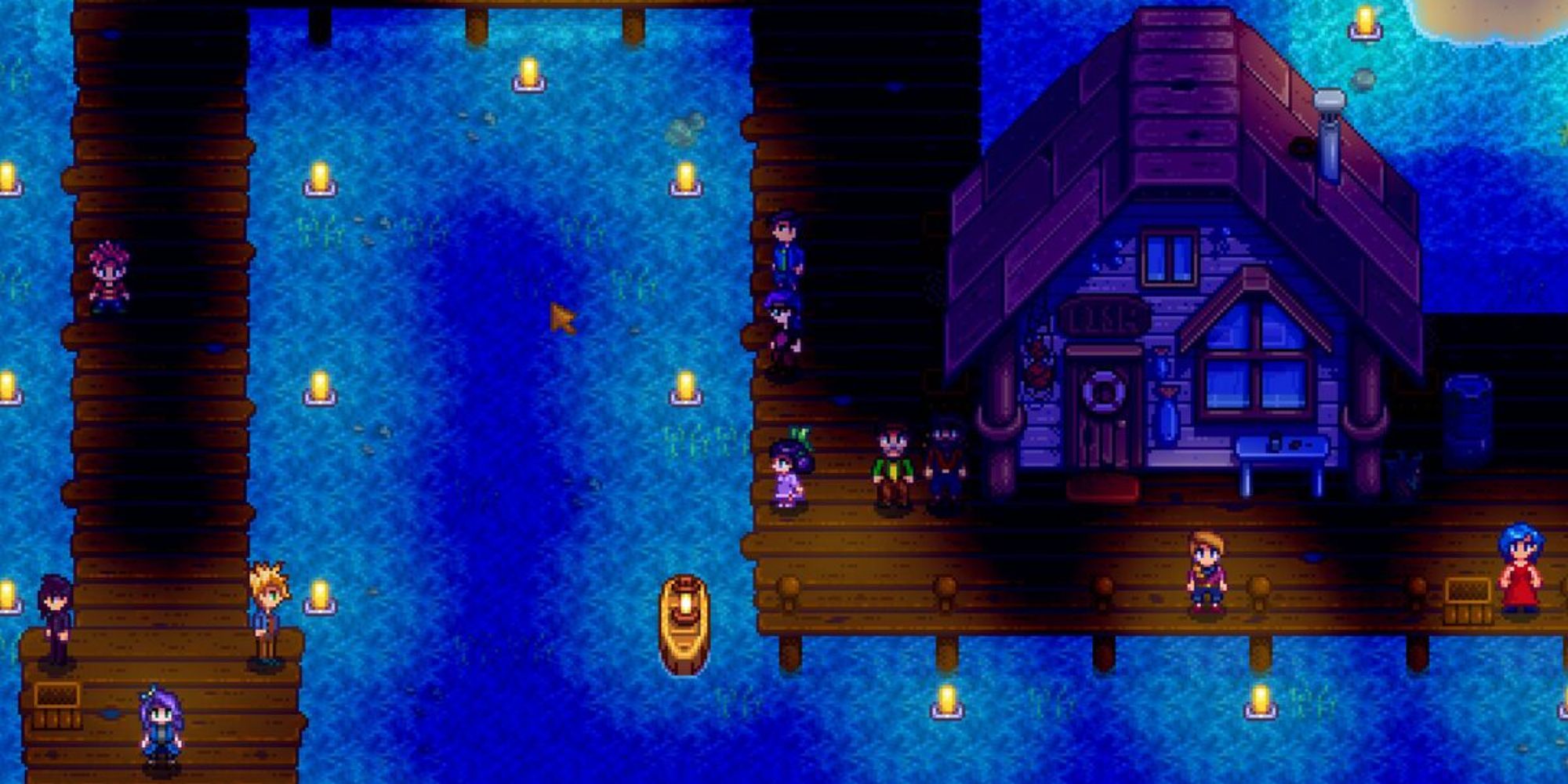 An image from Stardew Valley of the Dance Of The Moonlight Jellies Festival, where you watch a cutscene of glowing jelly fish near the docks at the beach. 