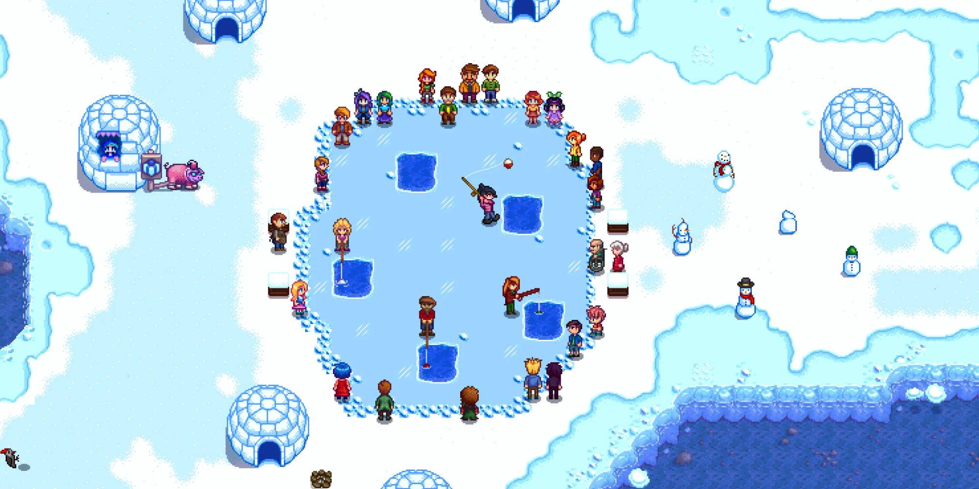 An image from Stardew Valley of the Festival Of Ice, where you can ice fish and purchase winter items in a shop.