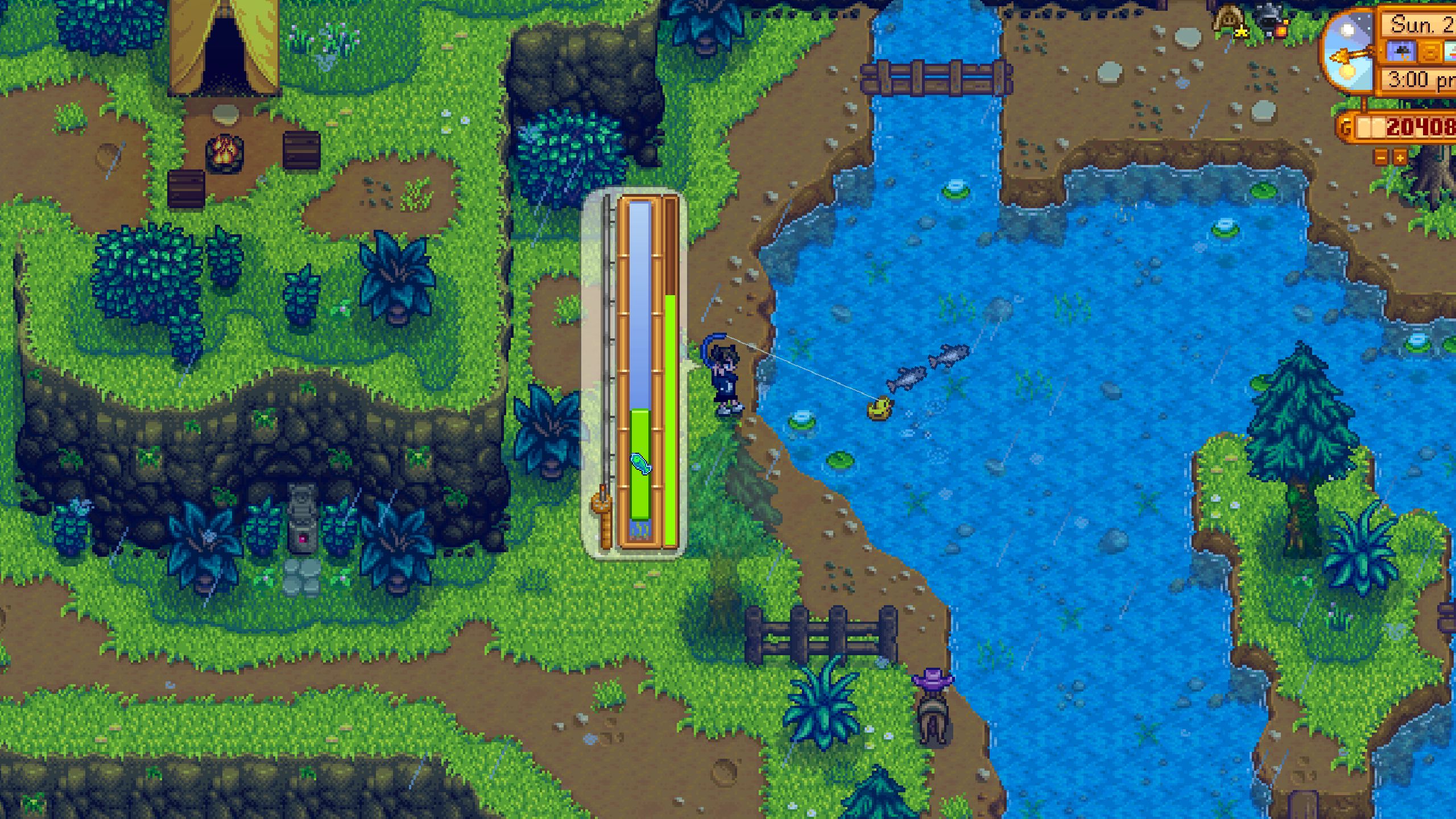 An image from Stardew Valley of the Fishing Frenzy Minigame. By perfectly catching these fish, you can earn a massive amount of profit. 