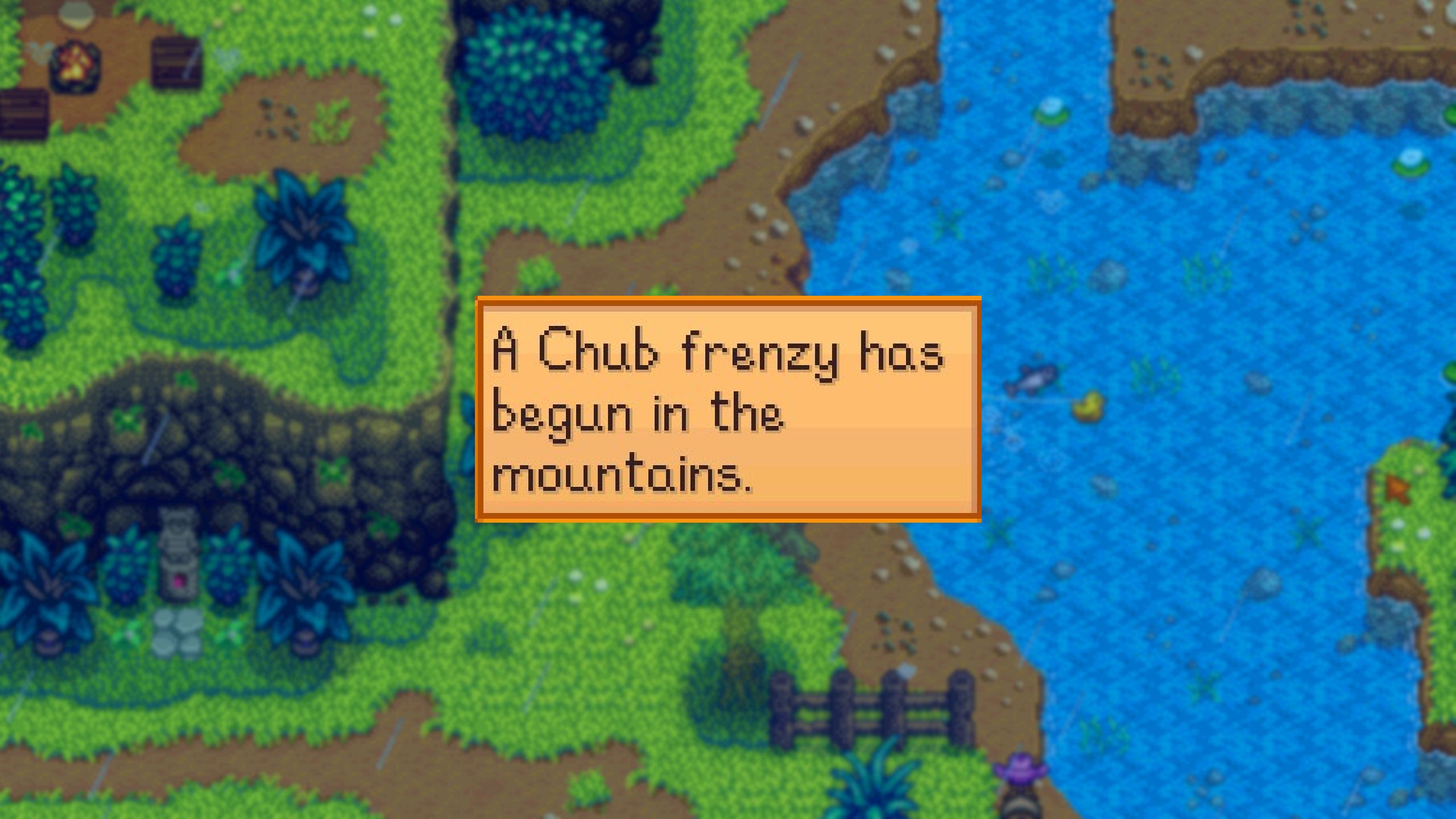 An image from Stardew Valley of the Fishing Frenzy Notification. This particular notification tells the player that a Chub Frenzy has started in the Mountains.