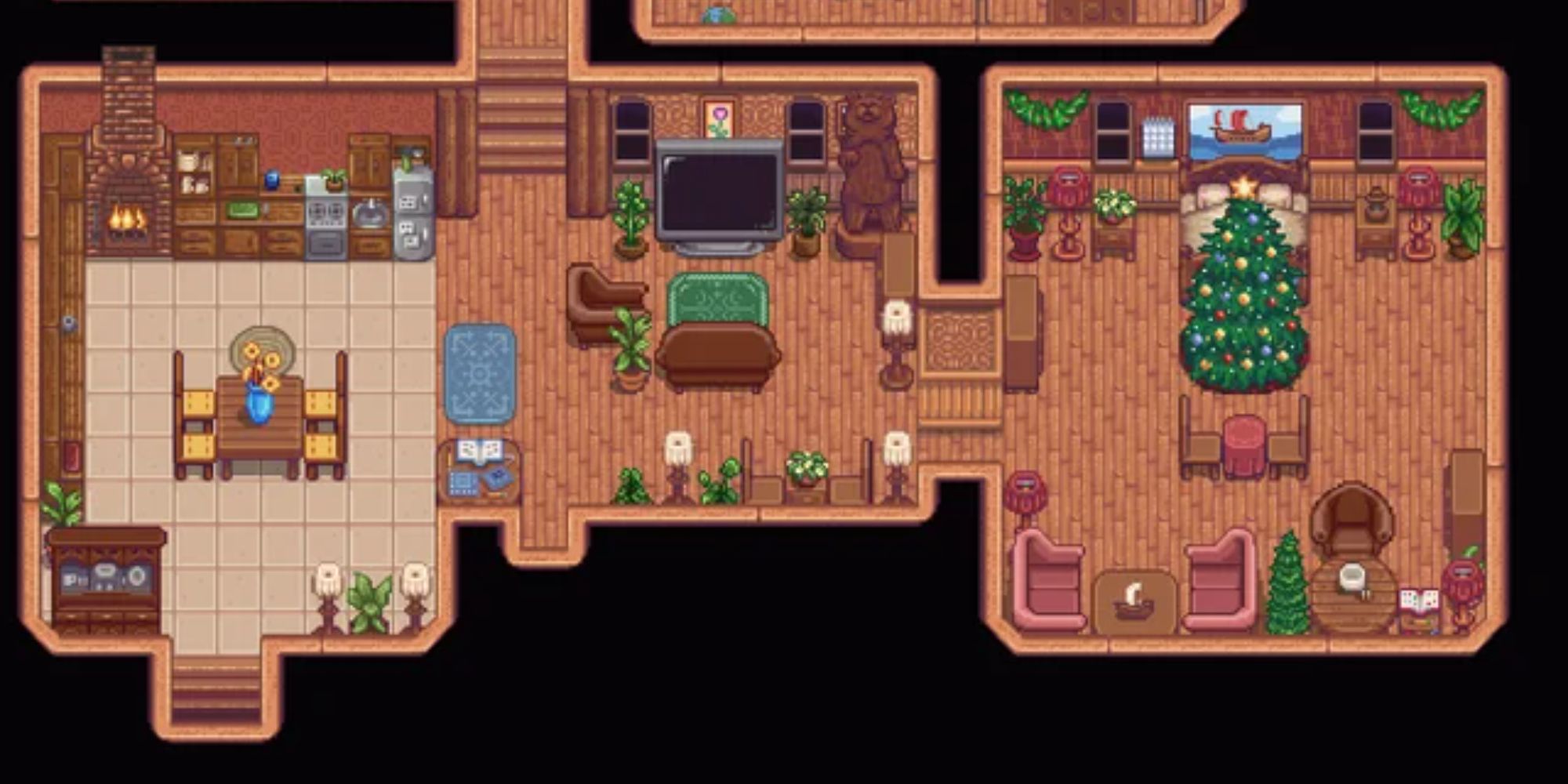 Uma imagem de Stardew Valley de uma casa decorada com o Catálogo de Móveis, que apresenta todos os móveis básicos do jogo.