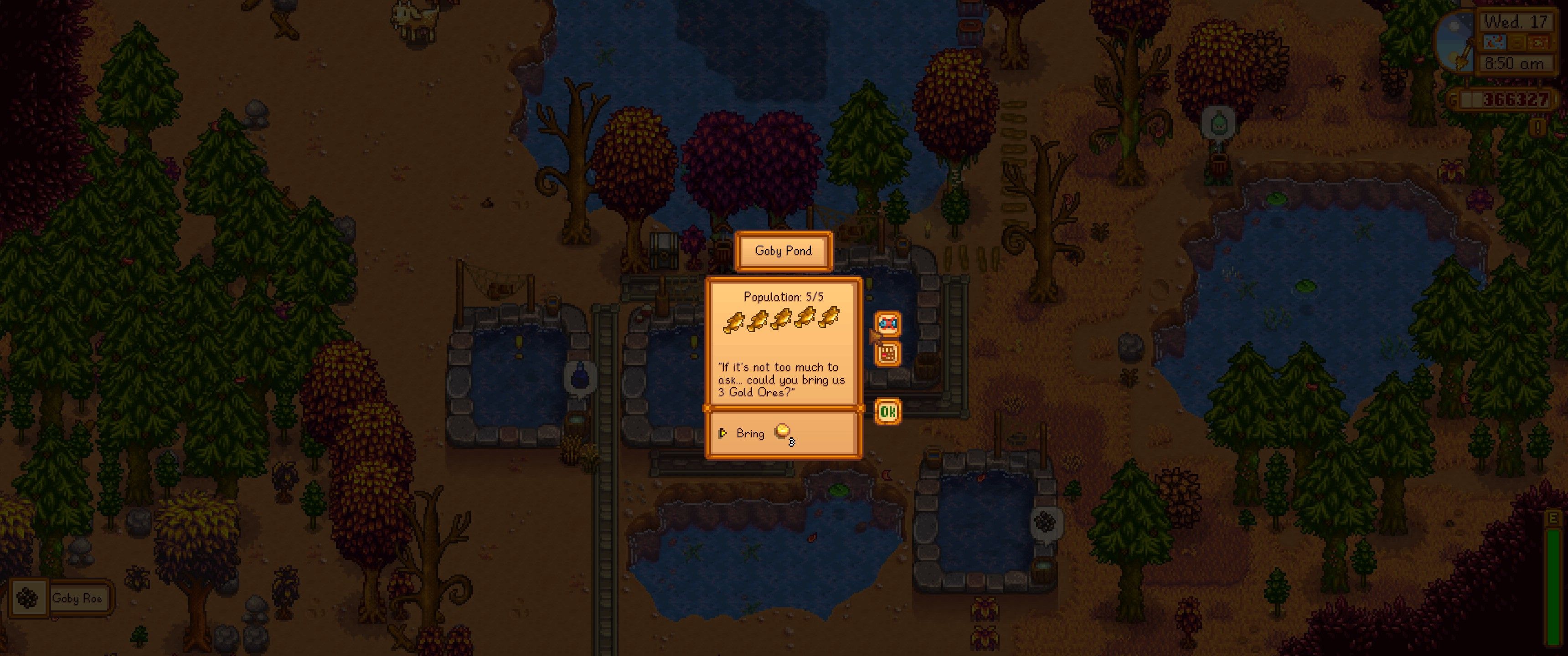 Stardew Valley: An image of the Fish Pond Menu with five Goby Fish inside.