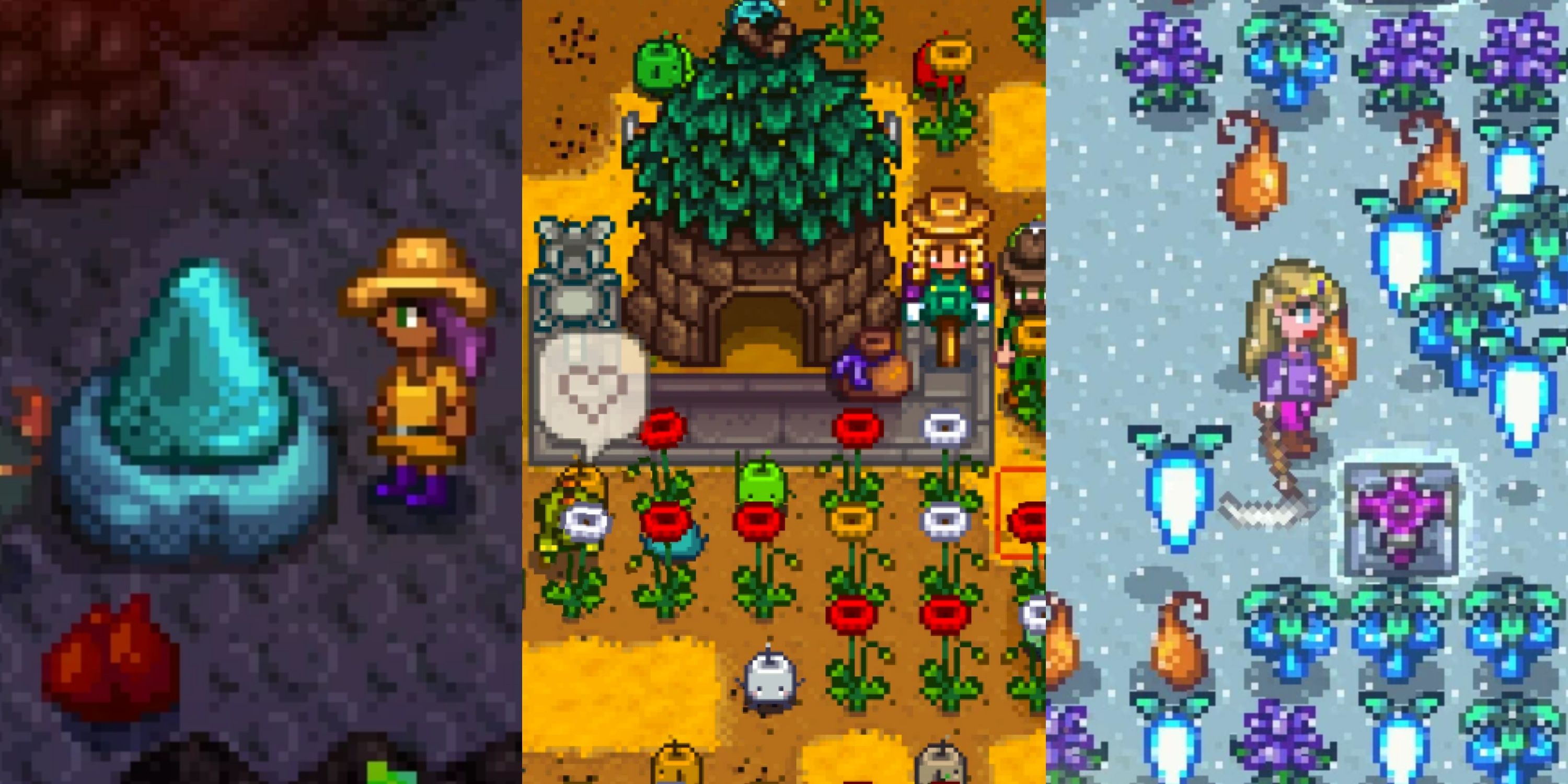 Stardew Valley player characters looking at a giant clump (left), flowers and juminos (middle), and various crops (right)