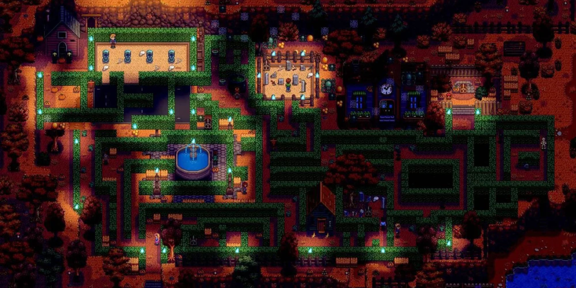 An image from Stardew Valley of the Spirit's Eve Festival, which is themed after Halloween and features a large maze.