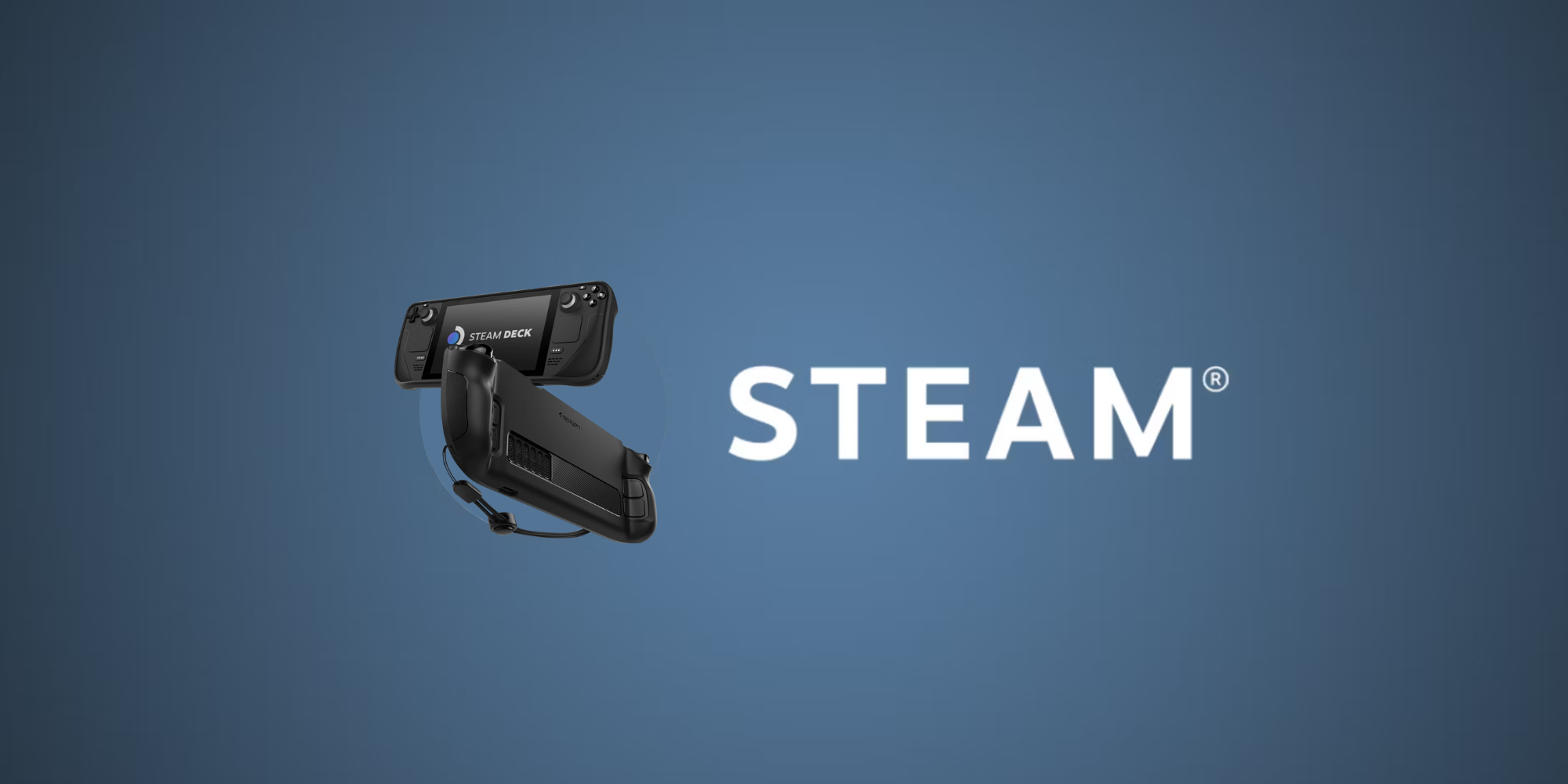 The Steam logo as a background with a Steam Deck sitting where the primary emblem usually is to show off the Spigen Rugged case.