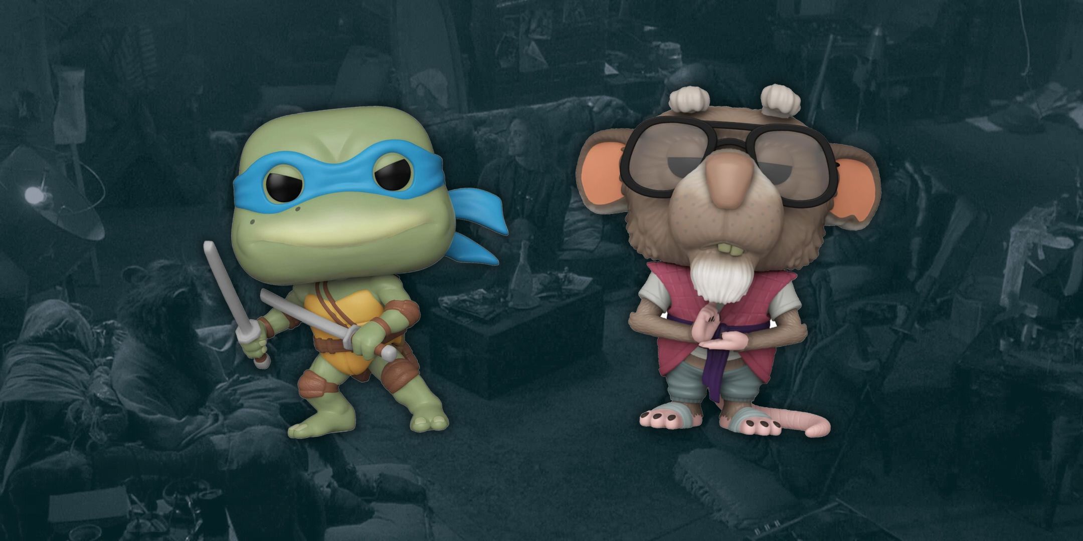 Teenage Mutant Ninja Turtles Funko Pop Featured Image With Leonardo and Splinter Standing infront of image of the Turtles lair