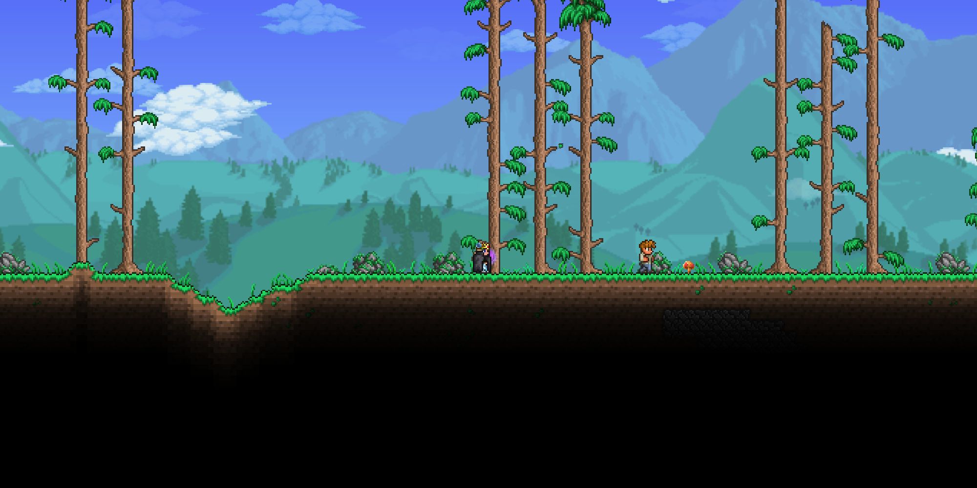 A player standing in the Plains Forest biome of Terraria. 
