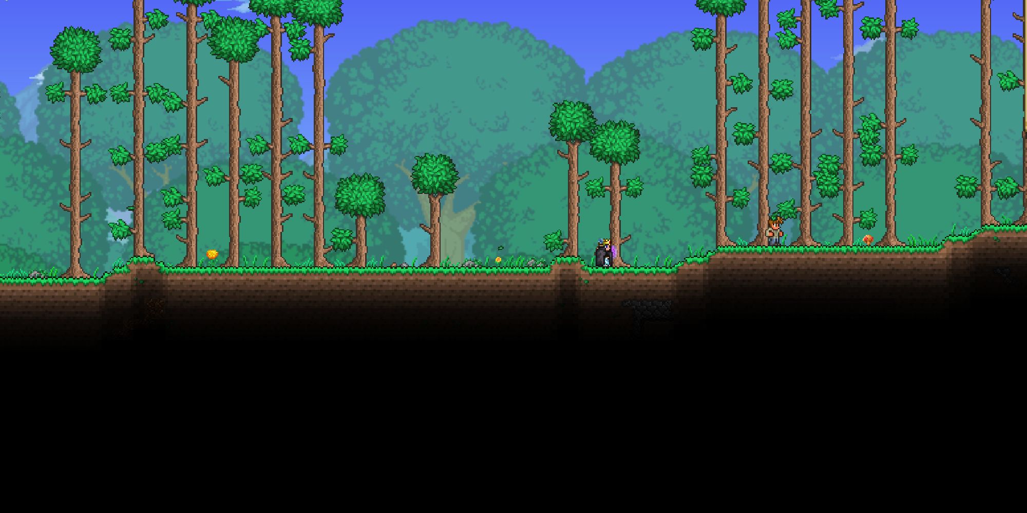 A player in Terraria standing in a normal forest with trees. 