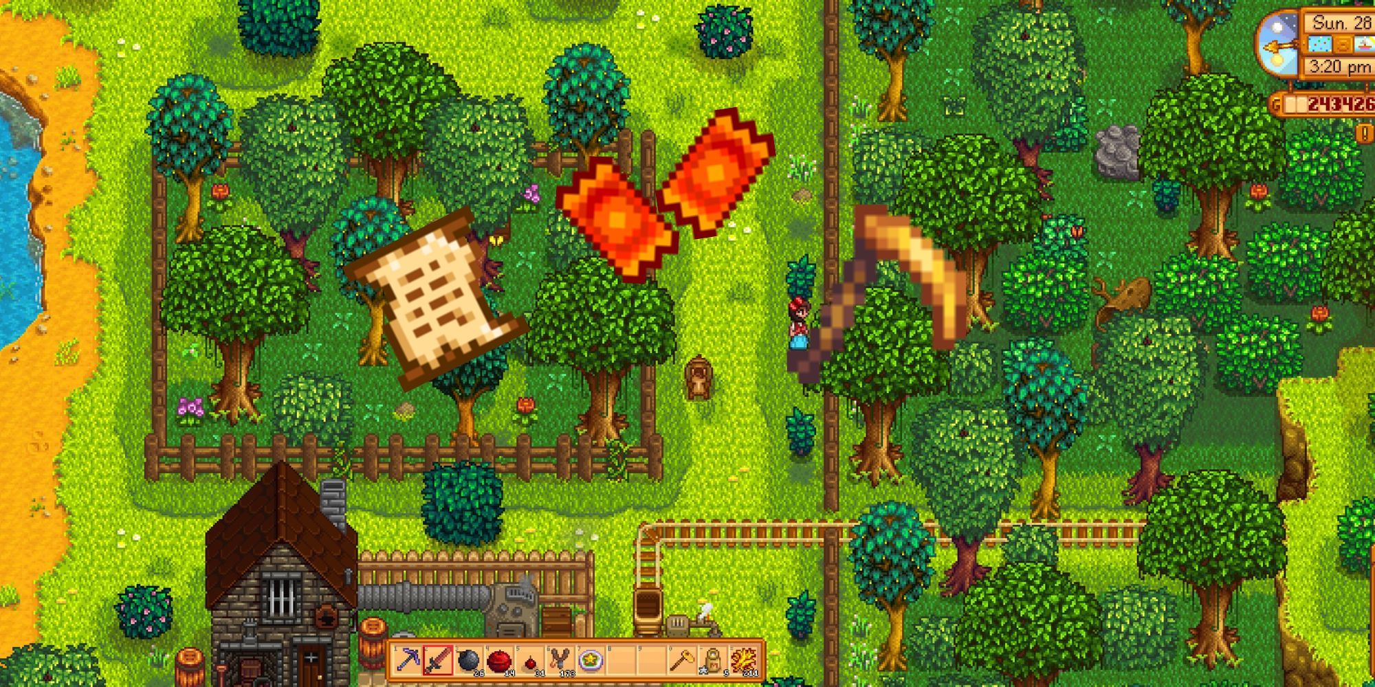 Stardew Valley: An image of a secret note, two prize tickets, and a golden scythe over a screenshot of the Alleyway Buffet path