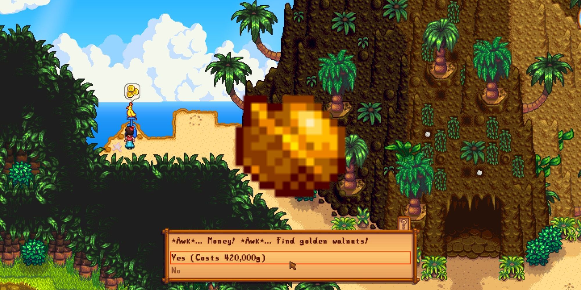Stardew Valley: An image of the player standing in front of the Joja Parrot with a Golden Walnut over the entire image