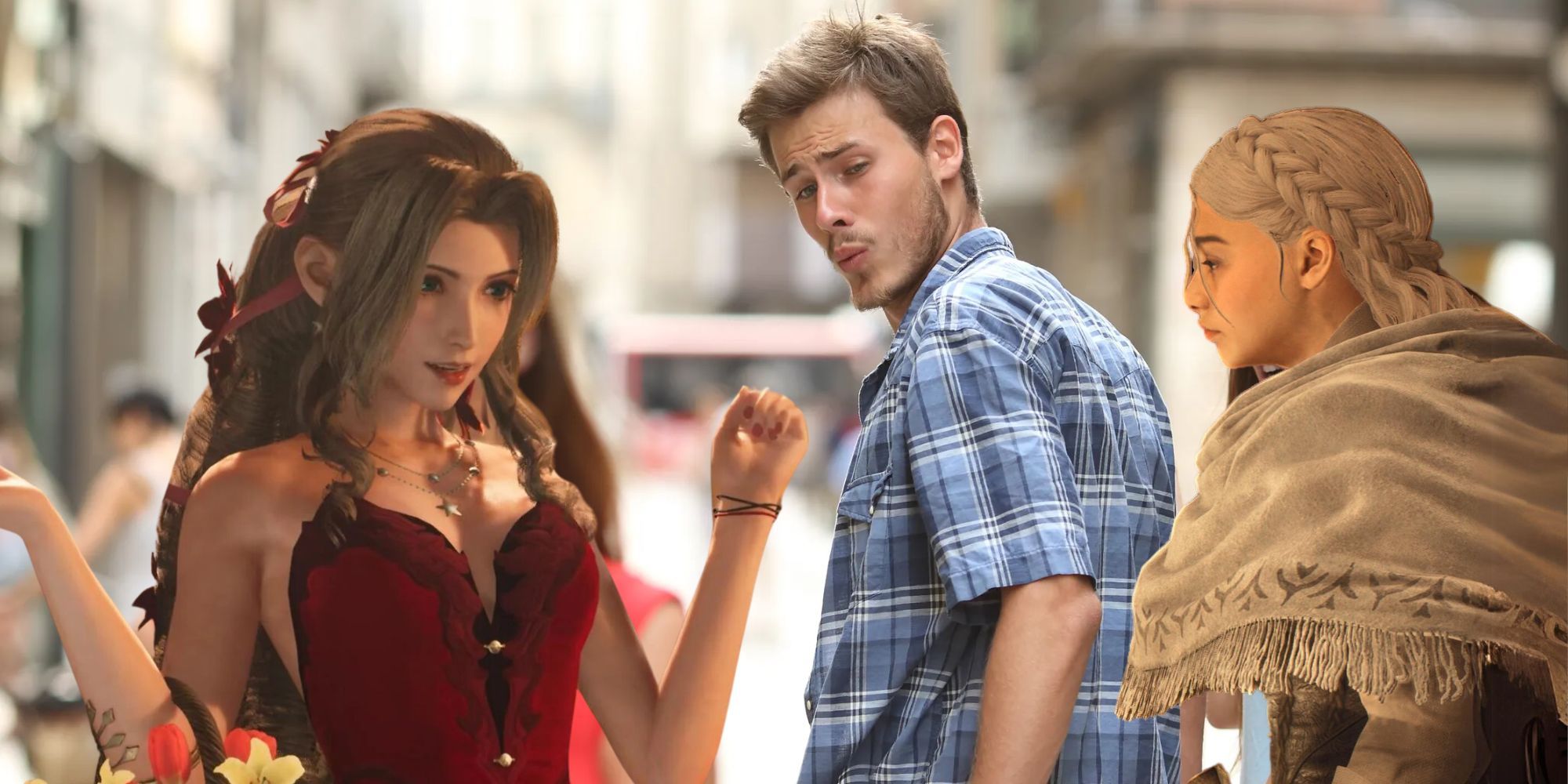 The boyfriend looking back meme with Aerith and a Pawn