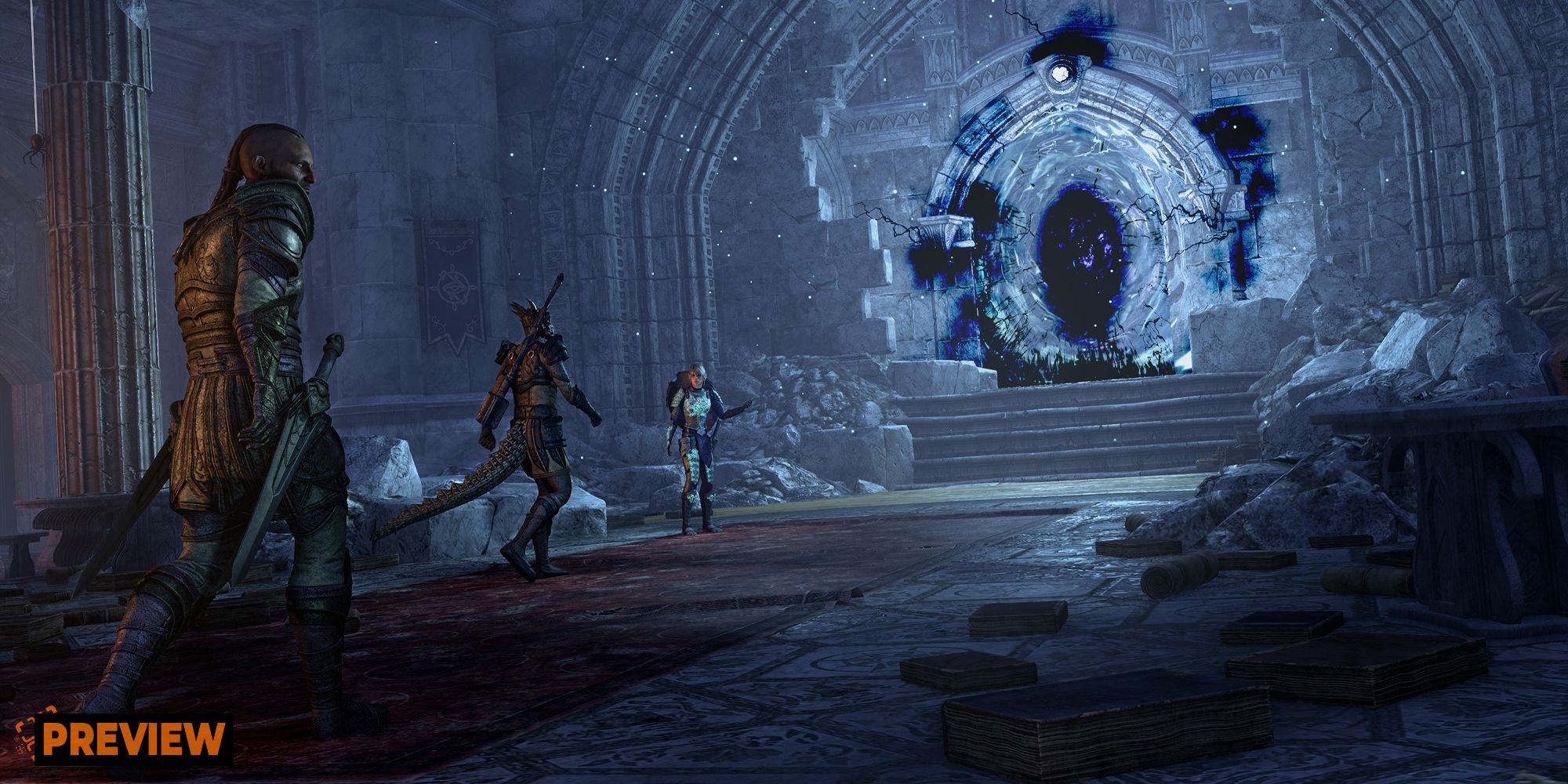 The Elder Scrolls Online Gold Road screenshot of adventures in a ruin entering a portal with the word preview in the bottom left corner